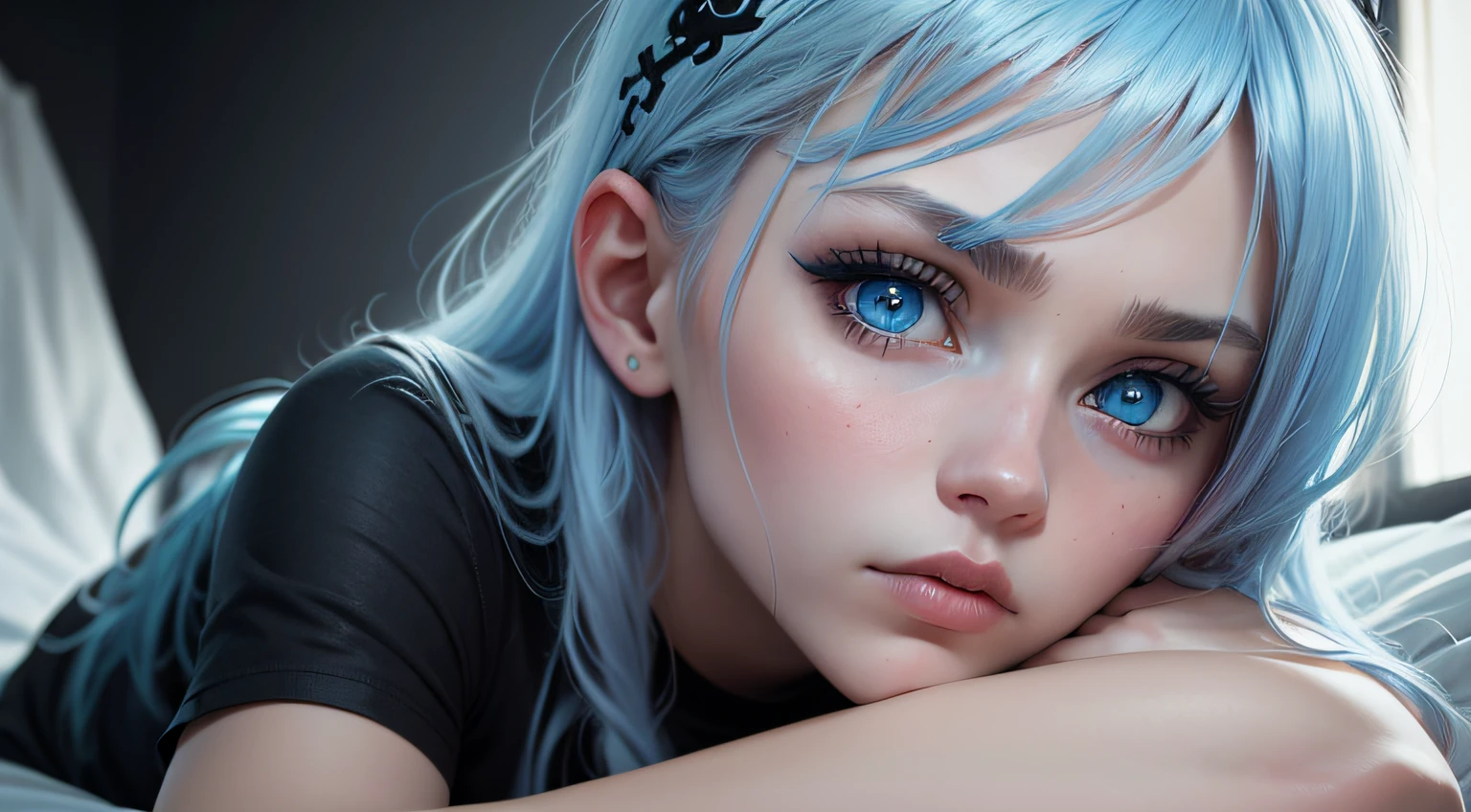 1 fille russe, cheveux bleu clair, beaux yeux bleus, t-shirt tête de mort black, placer sur un mur blanc au centre de l'image,j'attends sur le lit, montre ton visage, on side, ultra realist