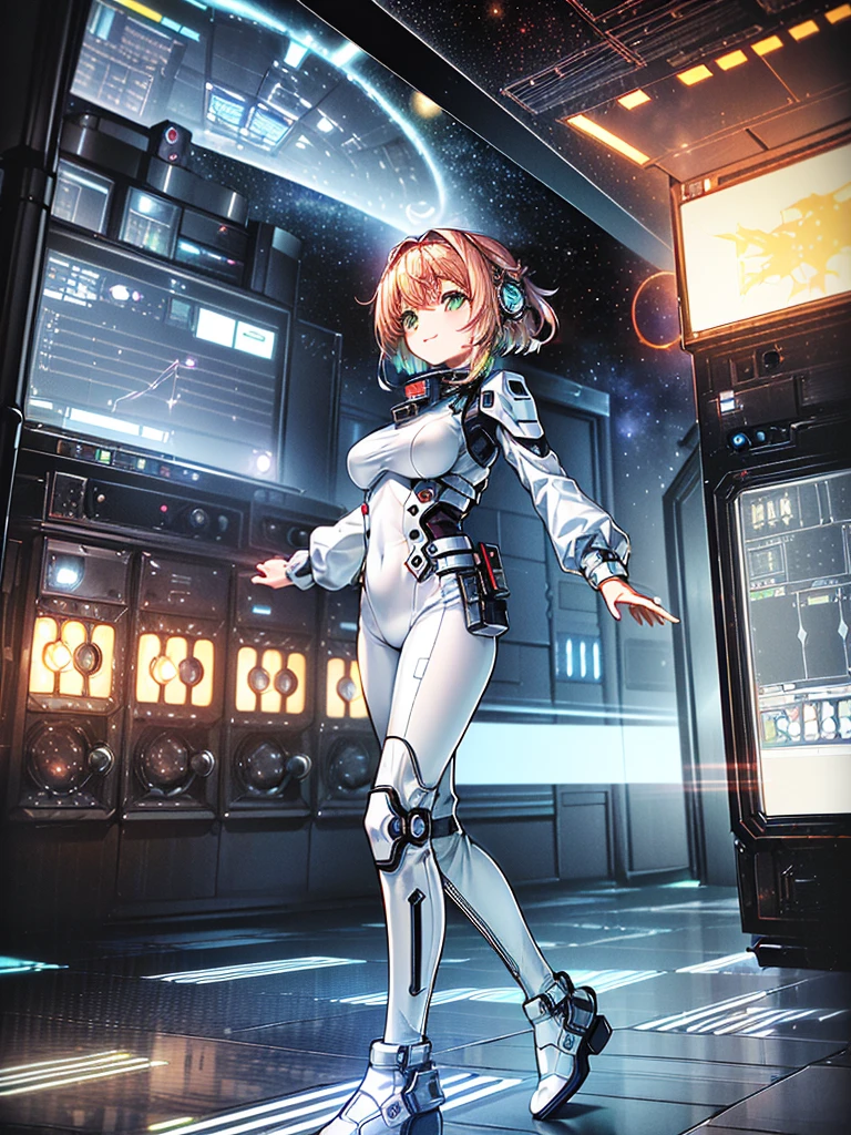 ​masterpiece:1.4, 1girl in ((20yr old, Wearing a tight, futuristic metallic white bodysuit,long boots, huge-breasted, Colorful blonde hair, Chignon,short-hair, Perfect model body, Green eyes:1.4, Wearing headphones, Flirting, Happy,  Looking out the window of the futuristic sci-fi space station、While admiring the beautiful galaxy:1.2, SFSF control room on night background:1.1, Neon and energetic atmosphere:1.2)) ((Galaxy)) ((Solo:1.6))