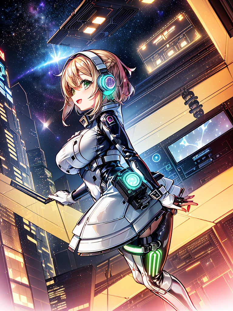 masterpiece:1.4, 1girl in ((20yr old, Wearing a tight, futuristic metallic white bodysuit,long boots, huge-breasted, Colorful blonde hair, Chignon,short-hair, Perfect model body, Green eyes:1.4, Wearing headphones, Flirting, Happy, Looking out the window of the futuristic sci-fi space station、While admiring the beautiful galaxy:1.2, SFSF control room on night background:1.1, Neon and energetic atmosphere:1.2)) ((Galaxy)) ((Solo:1.6))