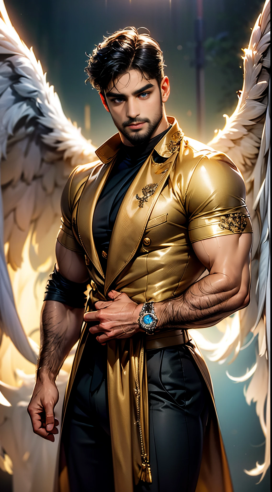 (best quality,ultra-detailed,realistic:1.37), Daegan Tronos Character(1), handsome, dark skin, dark-tanned, perfect wings angel, symmetrical wings,blue eyes,small beard, medium-long haircut,casual outfit, urban italian clothing, trench coat, man stance, attractive,vibrant colors, modern long outfit, fight punch pose, epic wallpaper.