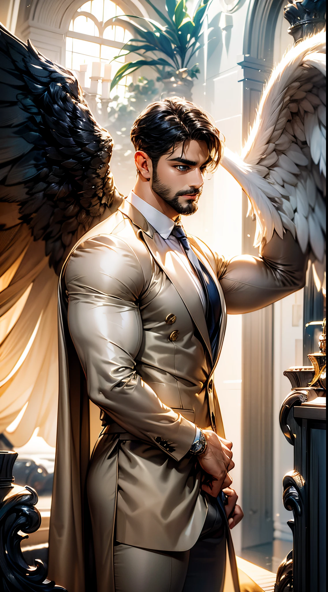 (best quality,ultra-detailed,realistic:1.37), Daegan Tronos Character(1), handsome, dark skin, dark-tanned, perfect wings angel, symmetrical wings,blue eyes,small beard, medium-long haircut,casual outfit, urban italian clothing, trench coat, man stance, attractive,vibrant colors, modern long outfit, fight punch pose, epic wallpaper.