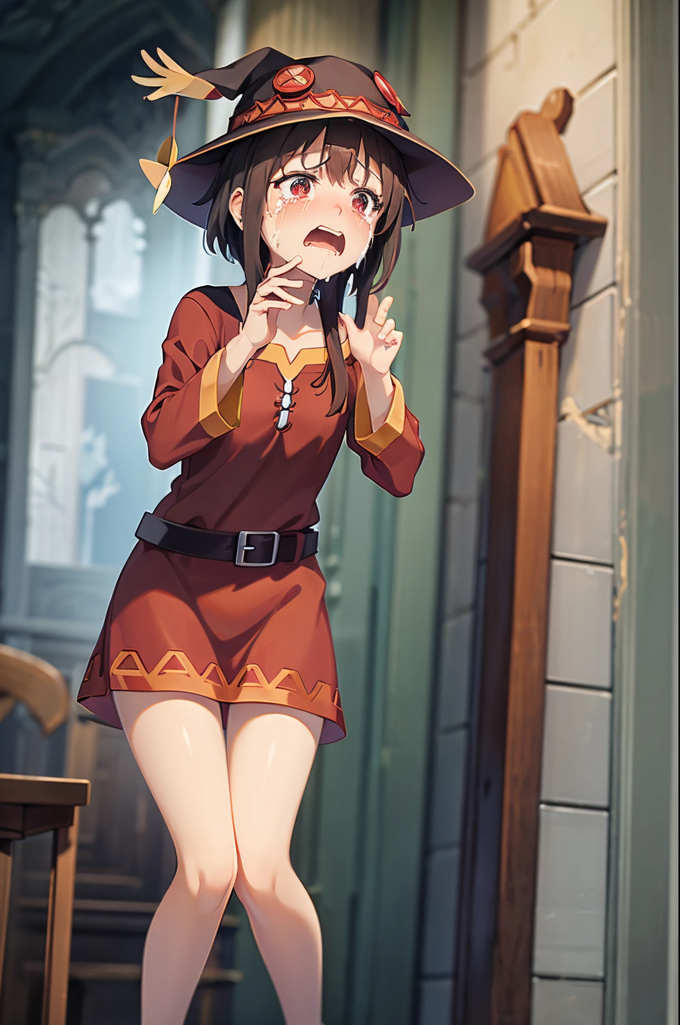 (masterpiece, best quality), intricate details, 1girl, ,red eyes,megumin, short hair, dress, red dress, hat, witch hat, belt indoors,(((((cry)))))