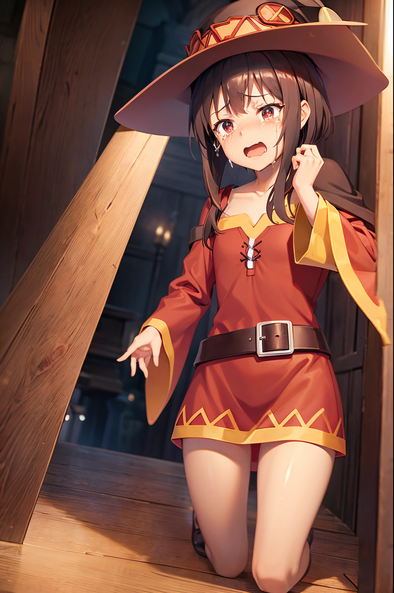 (masterpiece, best quality), intricate details, 1girl, ,red eyes,megumin, short hair, dress, red dress, hat, witch hat, belt indoors,(((((cry)))))