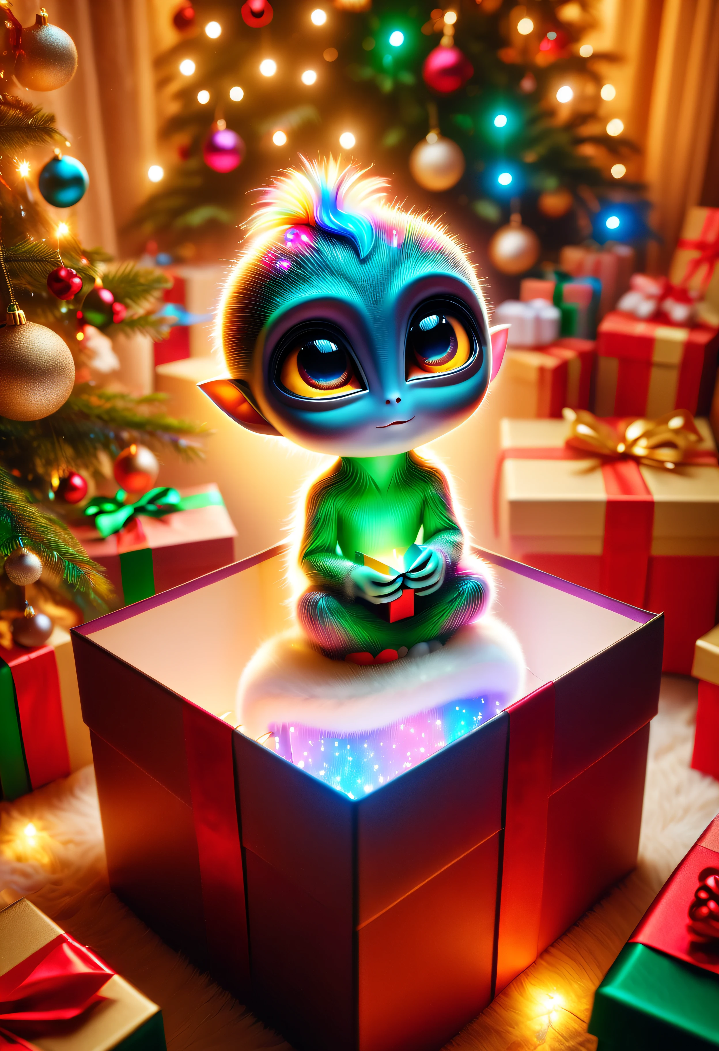 (8k masterpiece, best quality:1.2) Apoloniasxmasbox style, a cute litte alien sits in a giftbox under the christmas tree, his huge glowing eyes peeping over edge of the box, he has illuminated multicolour skin, there are tiny hovering ufo's which he is gazing at curiously, delicate low light, christmas atmosphere, warm, cuddly, festive