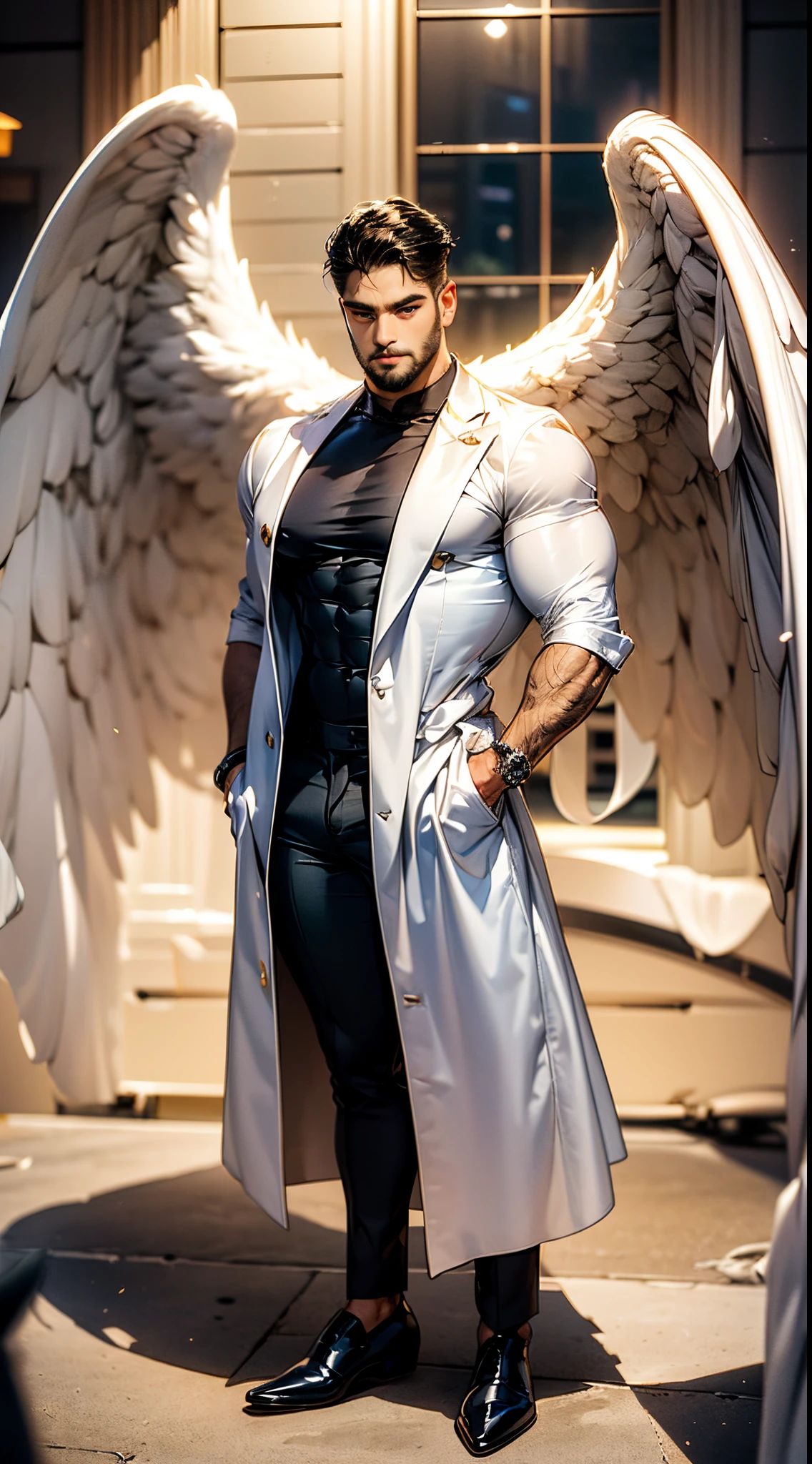 (best quality,ultra-detailed,realistic:1.37), Daegan Tronos Character(1), handsome, dark skin, dark-tanned, perfect wings angel, symmetrical wings,blue eyes,small beard, medium-long haircut,casual outfit, urban italian clothing, trench coat, man stance, attractive,vibrant colors, modern long outfit, fight punch pose, epic wallpaper.