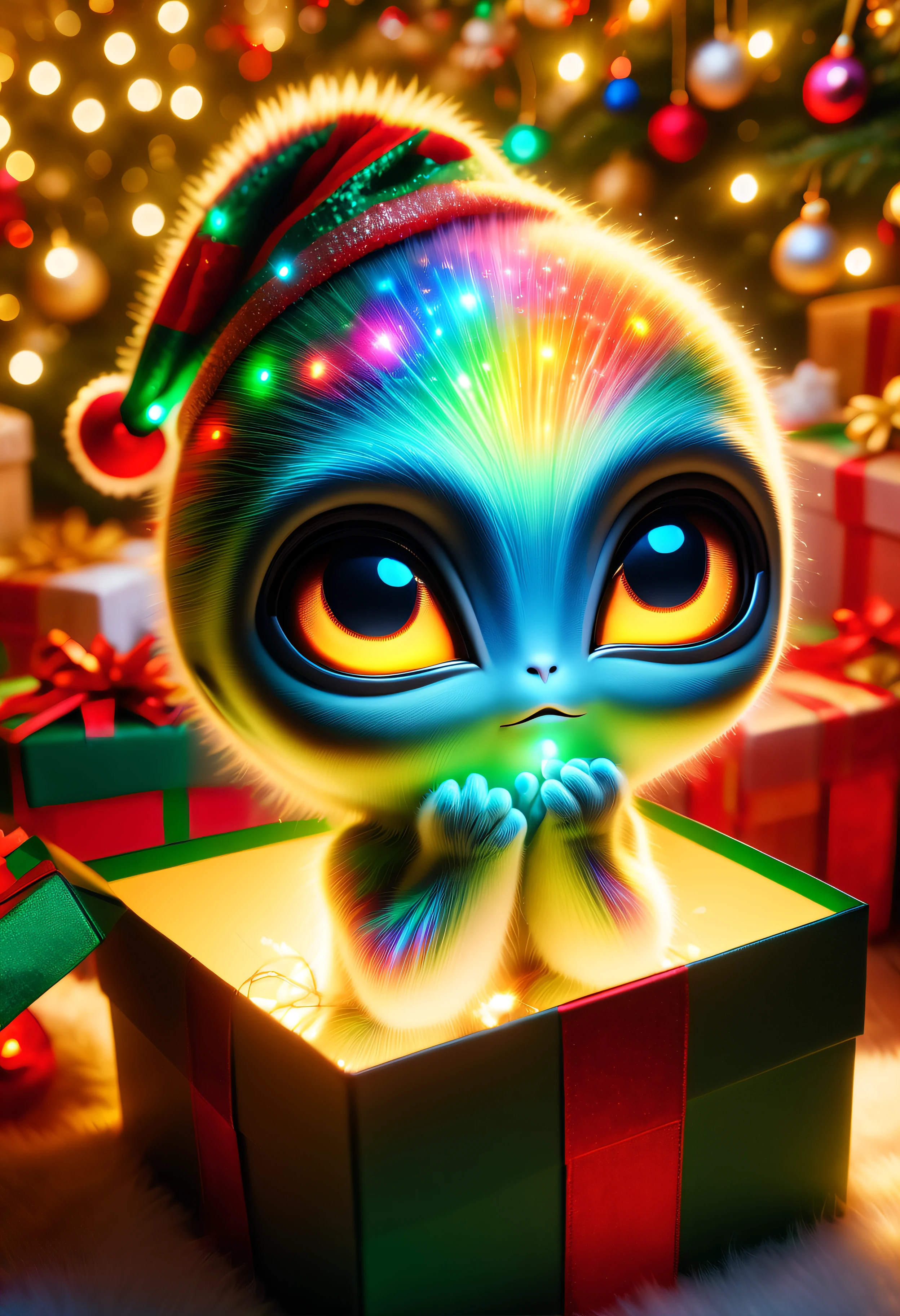 (8k masterpiece, best quality:1.2) Apoloniasxmasbox style, a cute litte alien sits in a giftbox under the christmas tree, his huge glowing eyes peeping over edge of the box, he has illuminated multicolour skin, there are tiny hovering ufo's which he is gazing at curiously, delicate low light, christmas atmosphere, warm, cuddly, festive