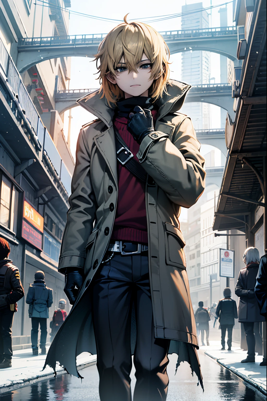 anime, menino anime, cabelo loiro, olhos azuis, sobretudo marrom andando pela rua, badass anime 8 k, Conceito de anime HDR Anime MacManus, de arknights, standing in a city center, arte chave do anime, Melhor Anime 4K Konachan Wallpaper, Papel de parede anime 4k, cara de anime alto com olhos azuis, jovem homem de anime, estilo anime 4K, trending on artstation pixiv