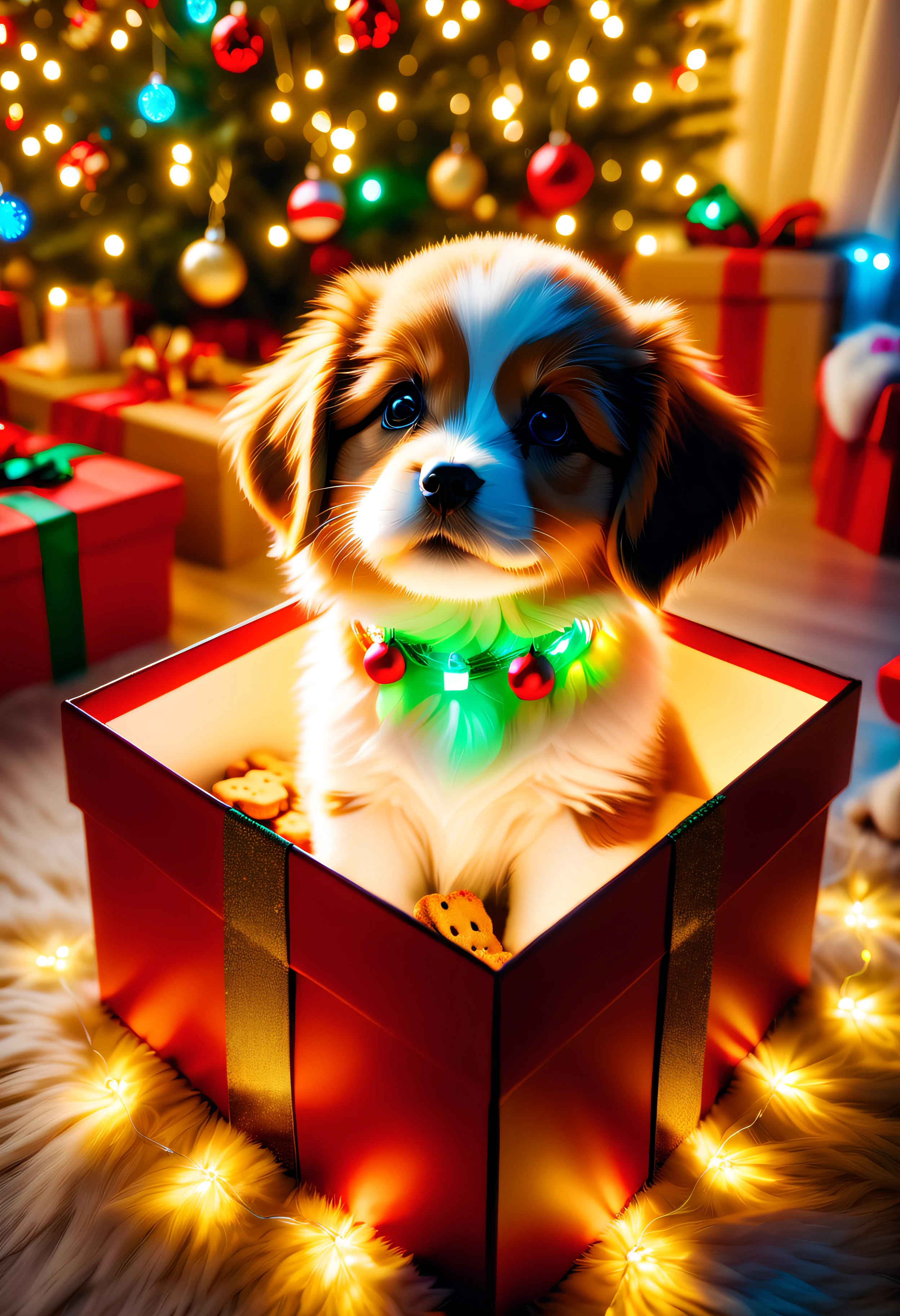 (8k masterpiece, best quality:1.2) Apoloniasxmasbox style, a cute litte puppy sits in a giftbox under the christmas tree, his paws resting on the edge of the box, he has an illuminated neon collar round his neck, there are (glowing dog biscuits) all over the floor which he is gazing at intently, delicate ((low light)), christmas atmosphere, warm, cuddly, festive, christmas lights