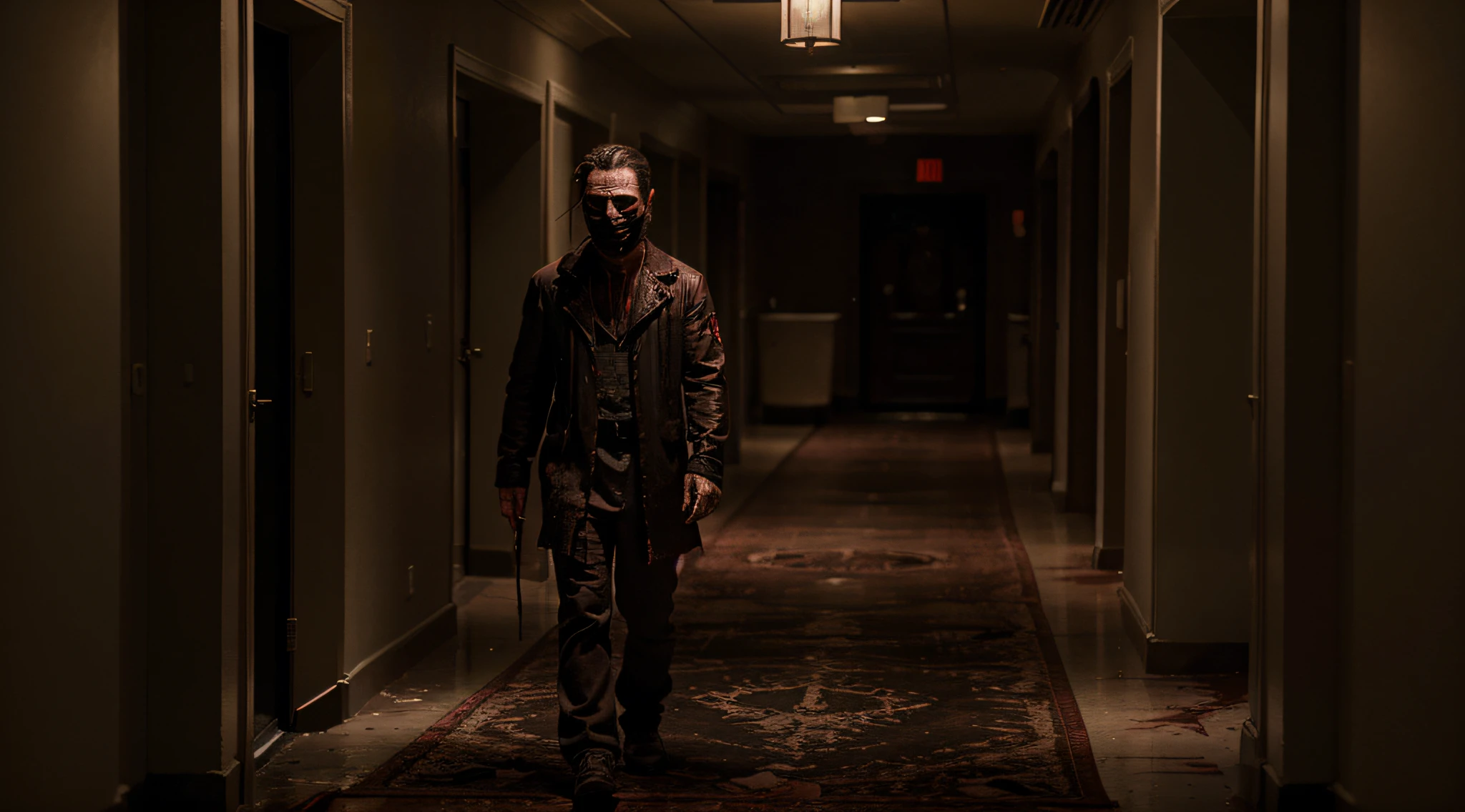 Imagem sinistra de um personagem masculino de um filme de terror com roupas manchadas de sangue e olhos costurados com fios, andando pelo corredor de um hotel