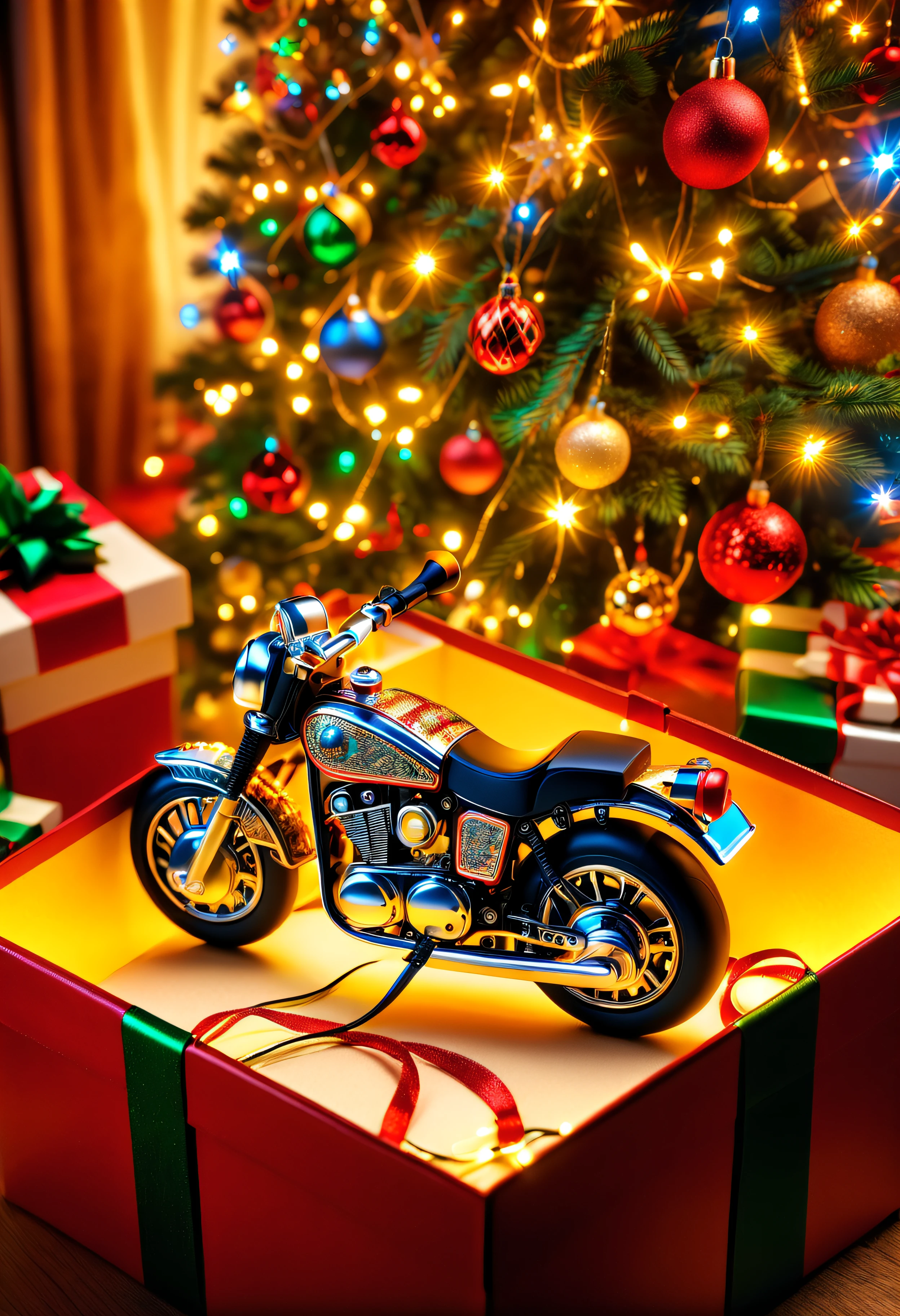 (8k masterpiece, best quality:1.2) Apoloniasxmasbox style, a mini motorbike sits in a giftbox under the christmas tree, it's polished highly detailed parts gleaming in the christmas lights, the intricate engineering shown off to it's maximum, delicate ((low light)), christmas atmosphere, warm, cuddly, festive, christmas lights