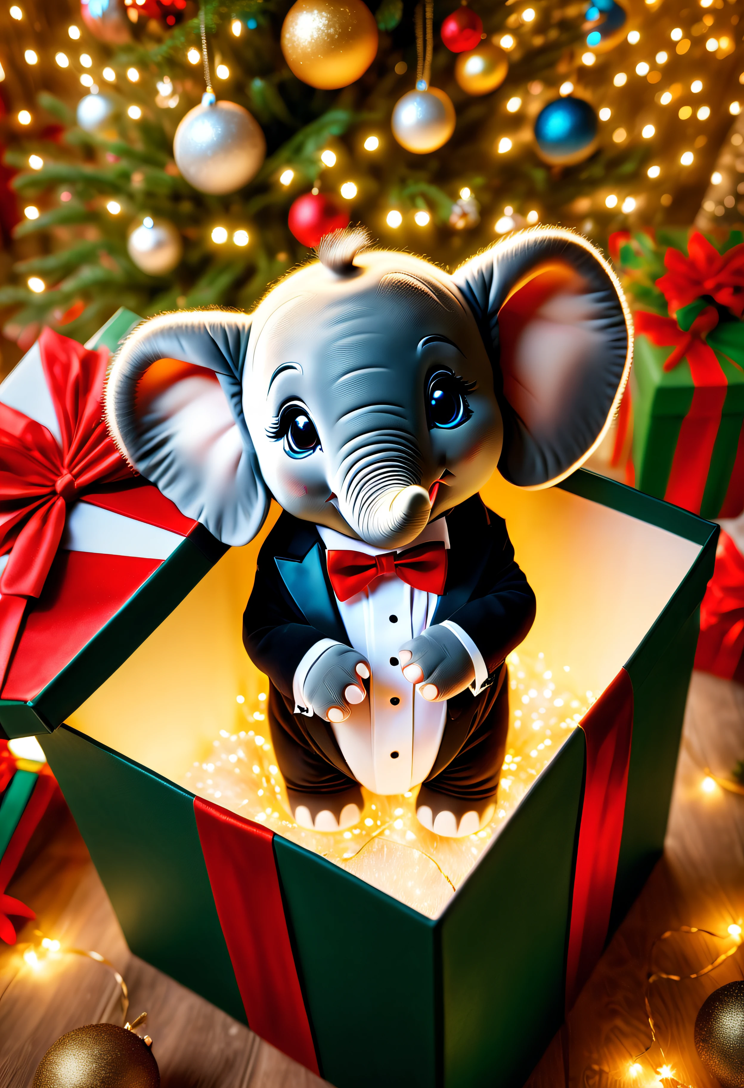 (8k masterpiece, best quality:1.2) Apoloniasxmasbox style, a cute baby elephant in a ((tuxedo)) sits in a giftbox under the christmas tree, his huge playful eyes are alive with energy, his trunk waves in the air in an expression of wonder and delight, delicate low light, christmas atmosphere, warm, cuddly, festive