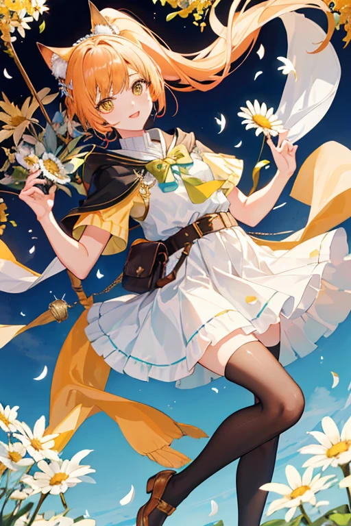(tmasterpiece:1.4,Best quality))++,(hyper-detailing)+,(Best quality,hyper-detailing,vibrant with colors,rich colourful,dynamic angle,hight contrast:1.2),A age girl,Height 146cm,archetype:catss,short,With golden cat ears and cat tail,High double ponytail ,Hair color:golden colored, eyecolor:golden colored ,Small white daisies((symbol)),Small dress+shawl+Small leather shoes,Short white stockings,short sleeve skirt,The shawl should be longer than the skirt(like a cloak),The overall color is:white colors,mint green,orange colors,gold and orange ,A fanny pack hanging from the belt around the waist,The main accessories are:Pale or white daisies and golden bellells and ribbon bows must be tied to the ponytail,Golden bells(Accessories)The weapon is a staff, To draw a playful and cute character,freshen,delicated face,exquisite facial featurerom below:0.5), Fashionab, with dynamism, garments, posing on a, frontage, rich colourful, dyna, Background with, element in, self-assured, Expressing the, statement, fittings, A majestic, coil, Runt, Scenes, Cover of a, boldness, attention-grabbing, Fashionab, typeface, Catchy, attention-grabbinodern day, Fashionab, focal, Fashionab