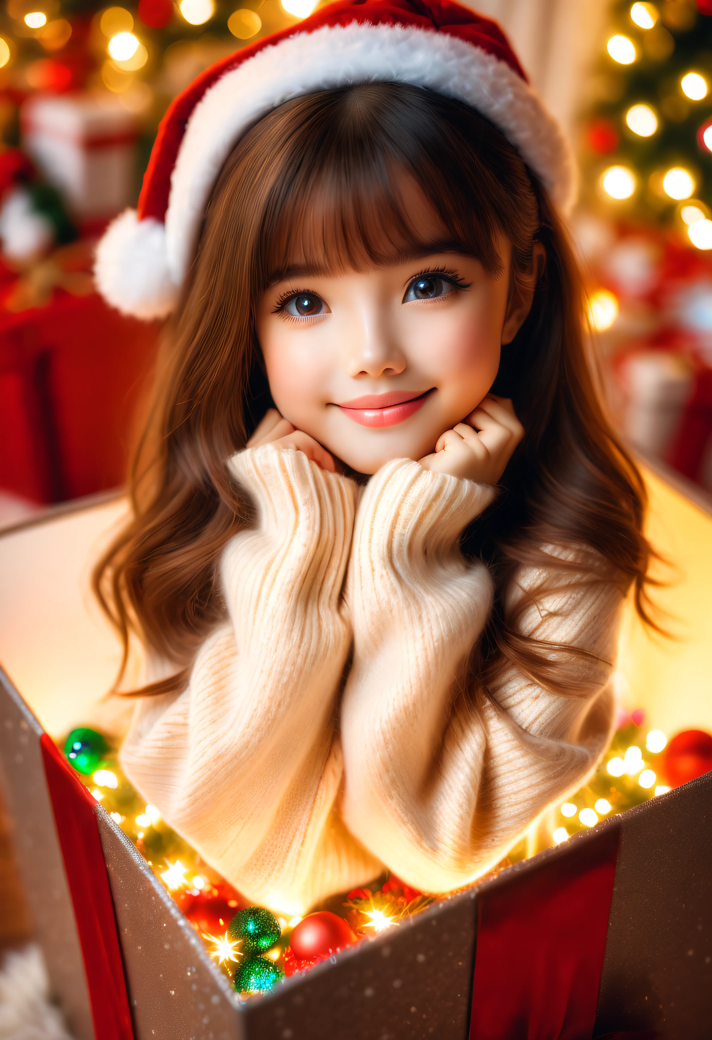 (8k masterpiece, best quality:1.2)Apoloniasxmasbox, solo, 1girl, long hair, blurry, looking at viewer, smile, lips, brown hair, bangs, depth of field, parted lips, sweater, realistic, head rest, delicate low light, christmas atmosphere, warm, cuddly, festive