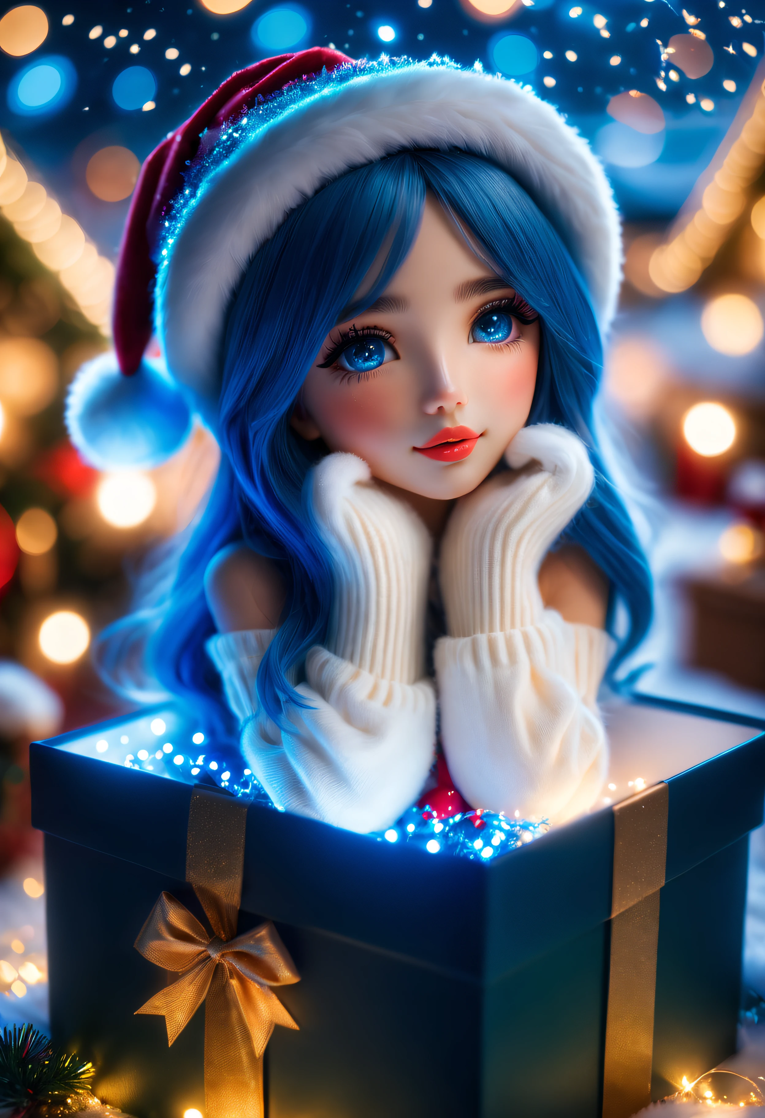 (8k masterpiece, best quality:1.2)Apoloniasxmasbox, solo, fantasy girl, hat, long hair, blurry, blue hair, gloves, lips, depth of field, sitting, night, bokeh, freckles, delicate low light, christmas atmosphere, warm, cuddly, festive