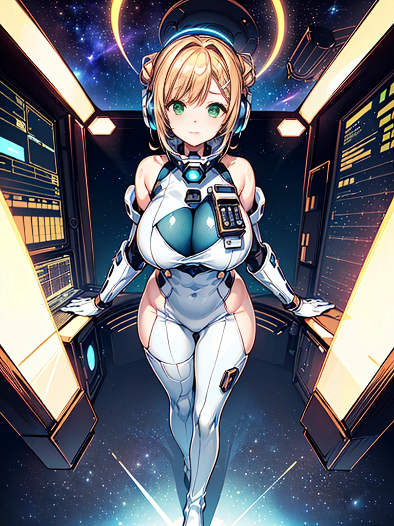 ​masterpiece:1.4, 1girl in ((20yr old, Wearing a tight, futuristic metallic white bodysuit,long boots, huge-breasted, Colorful blonde hair, Chignon,short-hair, Perfect model body, Green eyes:1.4, Wearing headphones, Flirting, Happy,  Looking out the window of the futuristic sci-fi space station、While admiring the beautiful galaxy:1.2, SFSF control room on night background:1.1, Neon and energetic atmosphere:1.2)) ((Galaxy)) ((Solo:1.6))