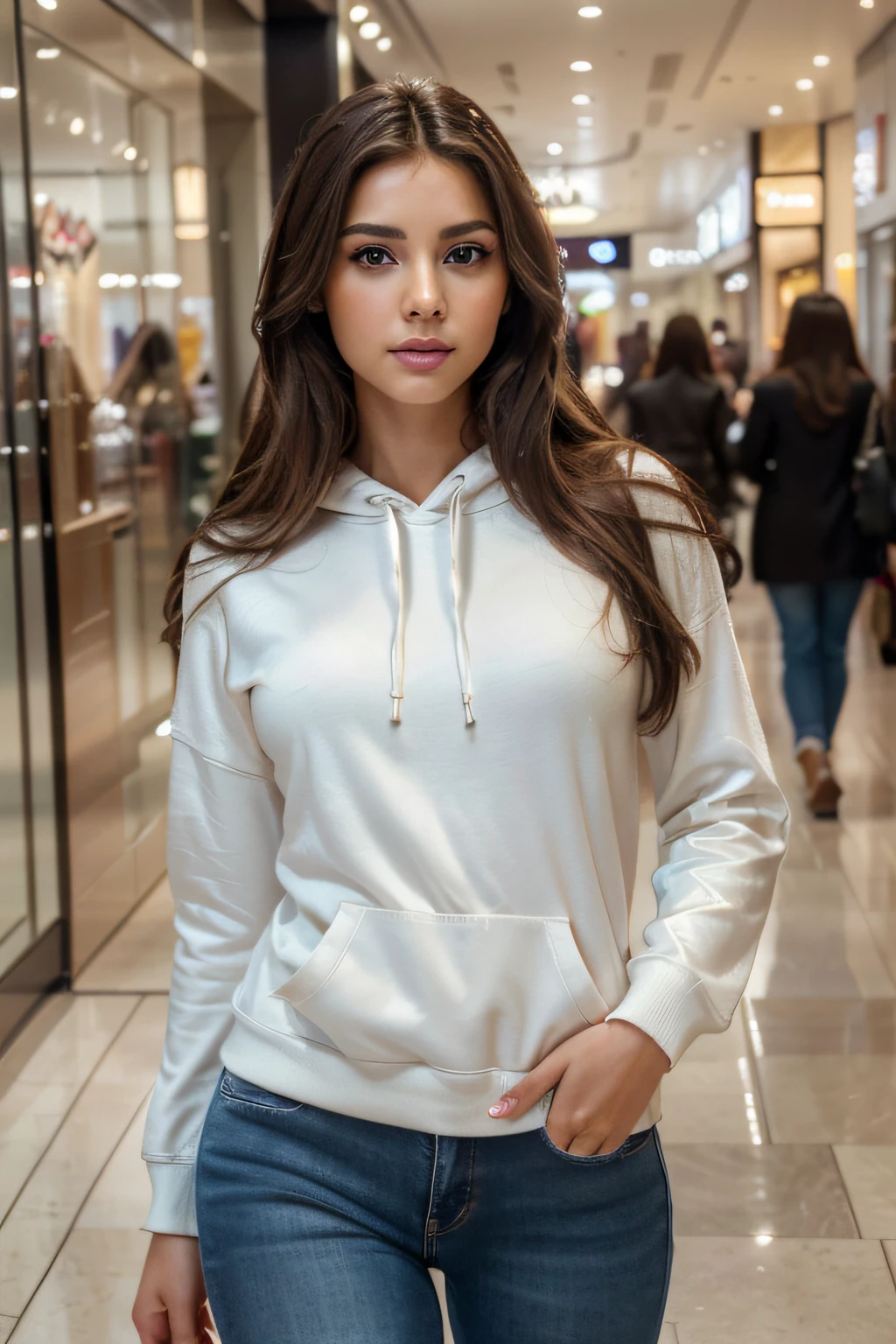 (best quality,4k,8k,highres,masterpiece:1.2),ultra-detailed,(realistic,photorealistic,photo-realistic:1.37),A perfect woman,beautiful detailed eyes,beautiful detailed lips,extremely detailed face and body,long eyelashelawless skin,),(luxurious shiny hair,flowing hair),(elegant posture,graceful posture), wearing blue jeans and white hoodie ,standing in a mall , blurred background of shops,creating a modern and elegant atmosphere,soft shadows adding depth to the scene,(impressive depth of field,faint bokeh effect),reflecting her beauty and elegance,casting a subtle glow on her features,adding a touch of enchantment to the artwork.