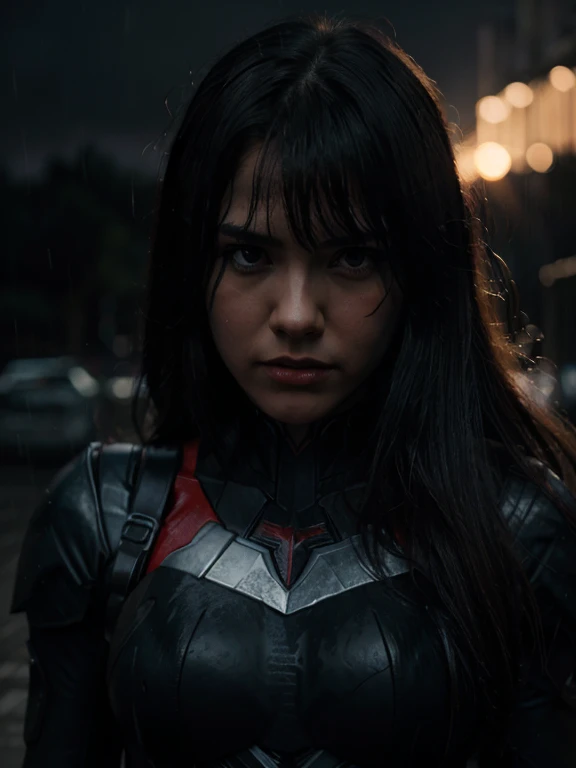 DC comics style movie cover realistic dark in dark at sunset raining angry darling the franxx