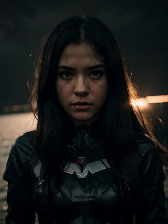 DC comics style movie cover realistic dark in dark at sunset raining angry darling the franxx