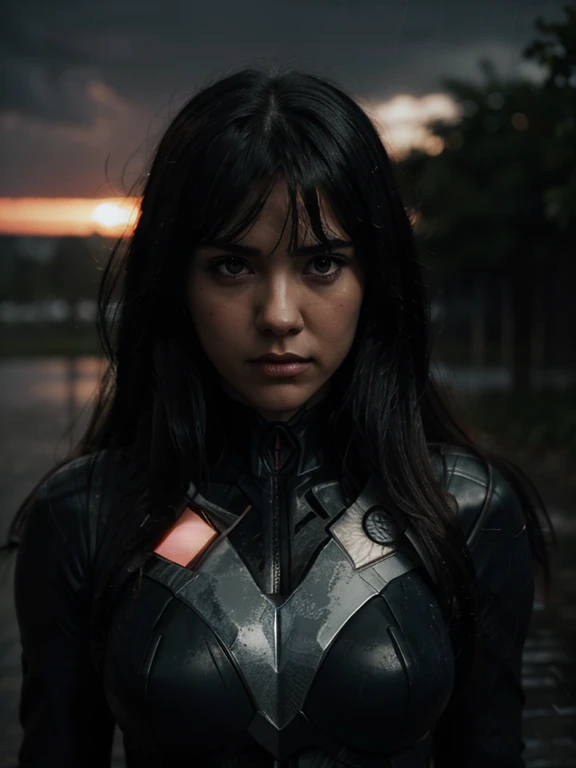DC comics style movie cover realistic dark in dark at sunset raining angry darling the franxx