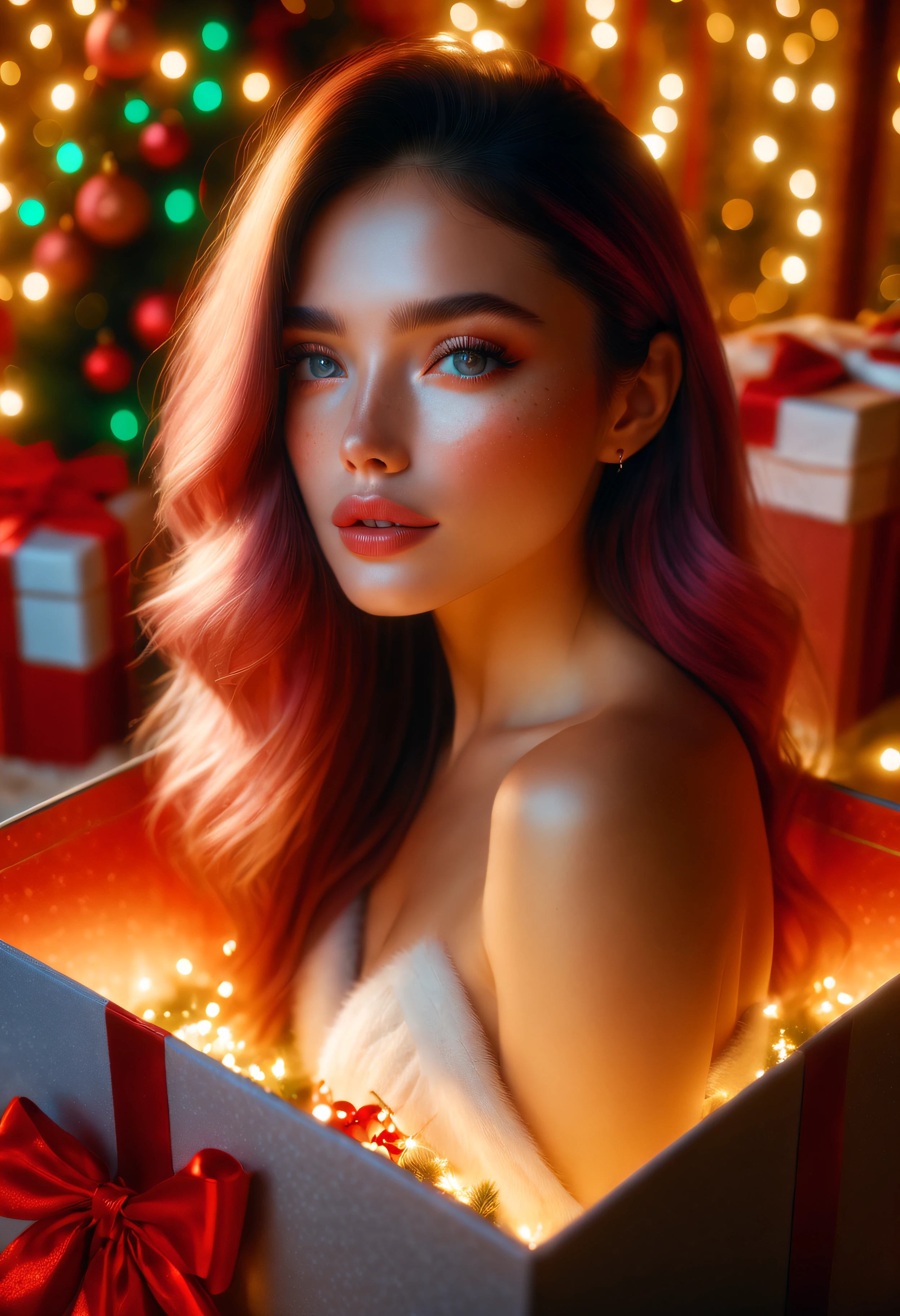 (8k masterpiece, best quality:1.2)Apoloniasxmasbox, solo, 1woman, long hair, looking at viewer, lips, bare shoulders, parted lips, multicolored hair, realistic, freckles, delicate low light, christmas atmosphere, warm, cuddly, festive