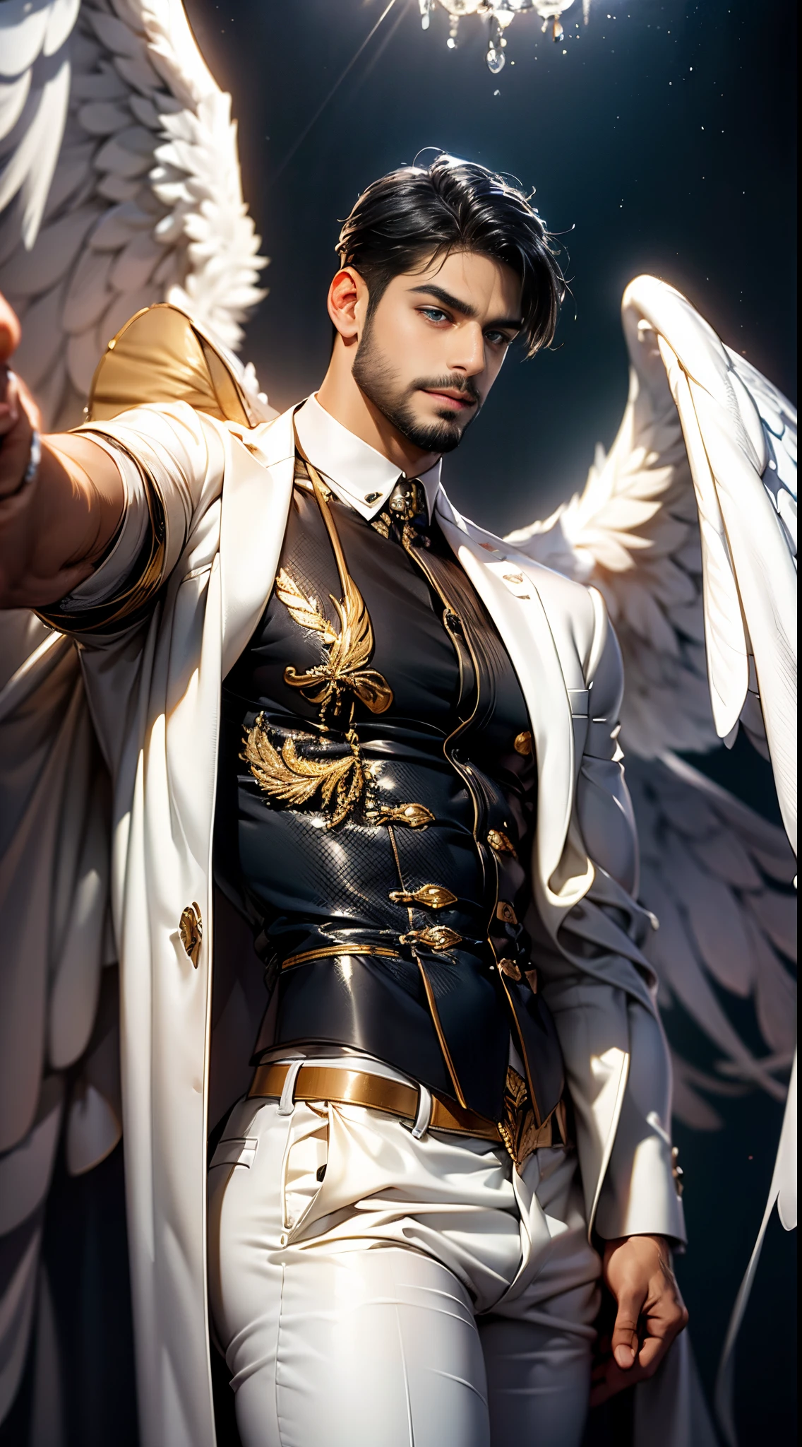 (best quality,ultra-detailed,realistic:1.37), Daegan Tronos Character(1), handsome, dark skin, dark-tanned, perfect wings angel, symmetrical wings,blue eyes,small beard, medium-long haircut,casual outfit, urban italian clothing, trench coat, man stance, attractive,vibrant colors, modern long outfit, fight punch pose, epic wallpaper.