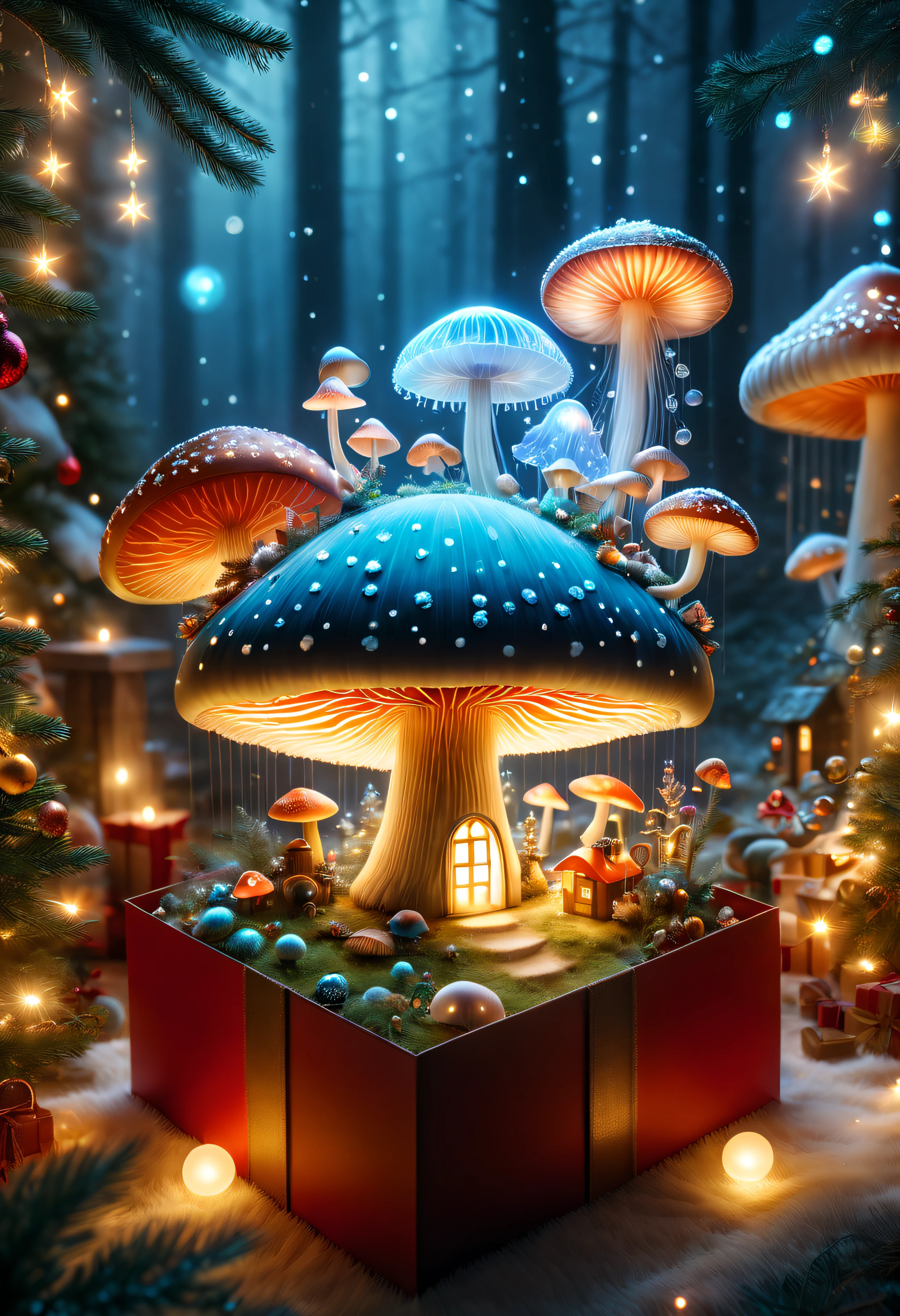 (8k masterpiece, best quality:1.2)Apoloniasxmasbox, mystical objects, no humans, tree, scenery, mushroom, jellyfish, delicate low light, christmas atmosphere, warm, cuddly, festive