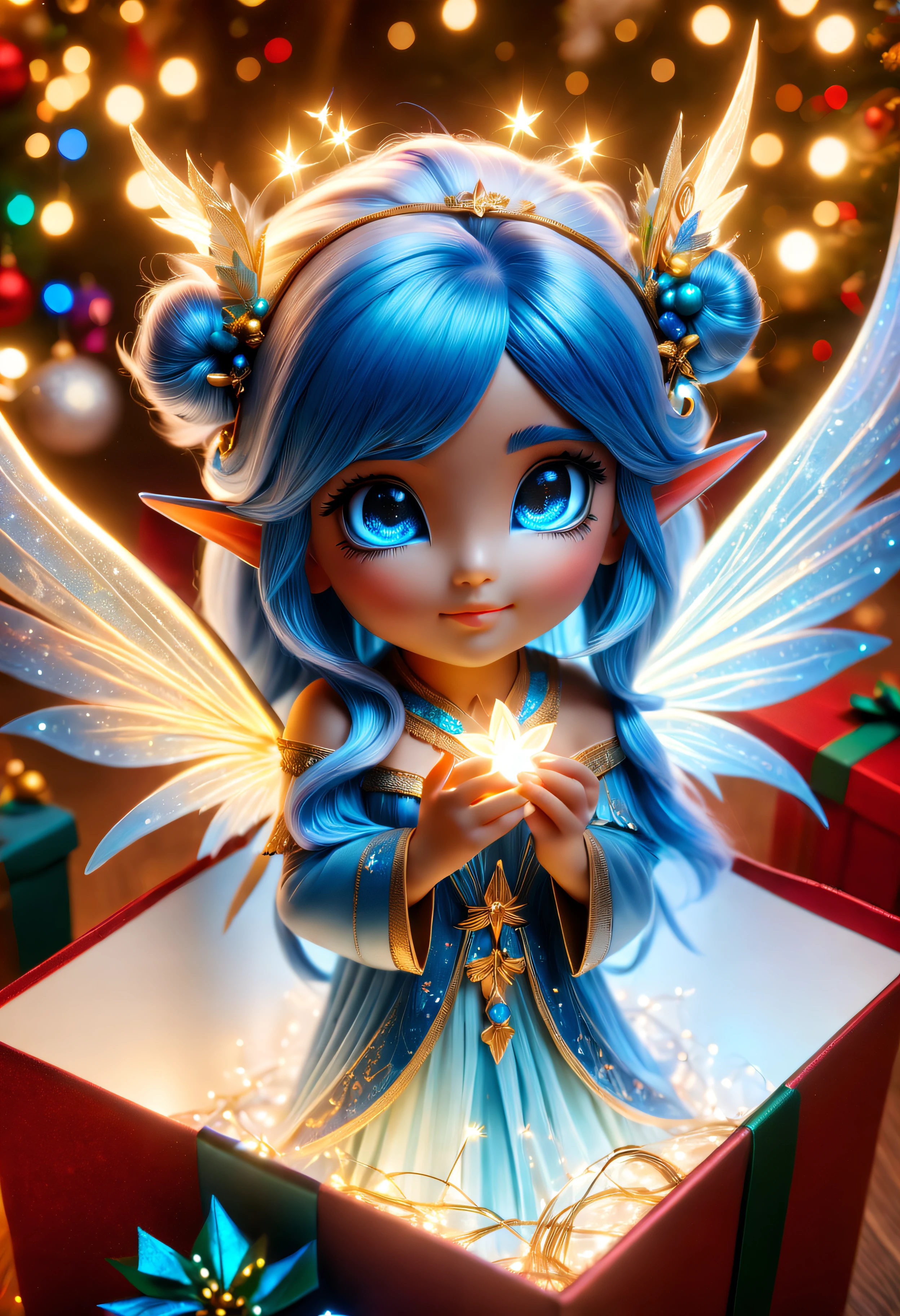 (8k masterpiece, best quality:1.2)Apoloniasxmasbox, mythological creature, solo, 1girl, wings, blue hair, colored skin, hair ornament, blue skin, glowing eyes, fairy, pointy ears, fairy wings, hair stick, delicate low light, christmas atmosphere, warm, cuddly, festive