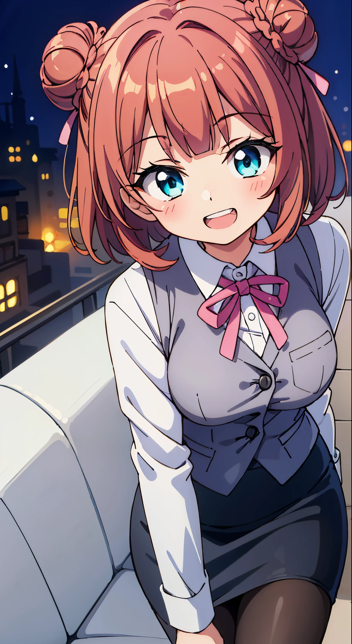 Anime girl with pink hair and blue eyes sitting on a couch - SeaArt AI