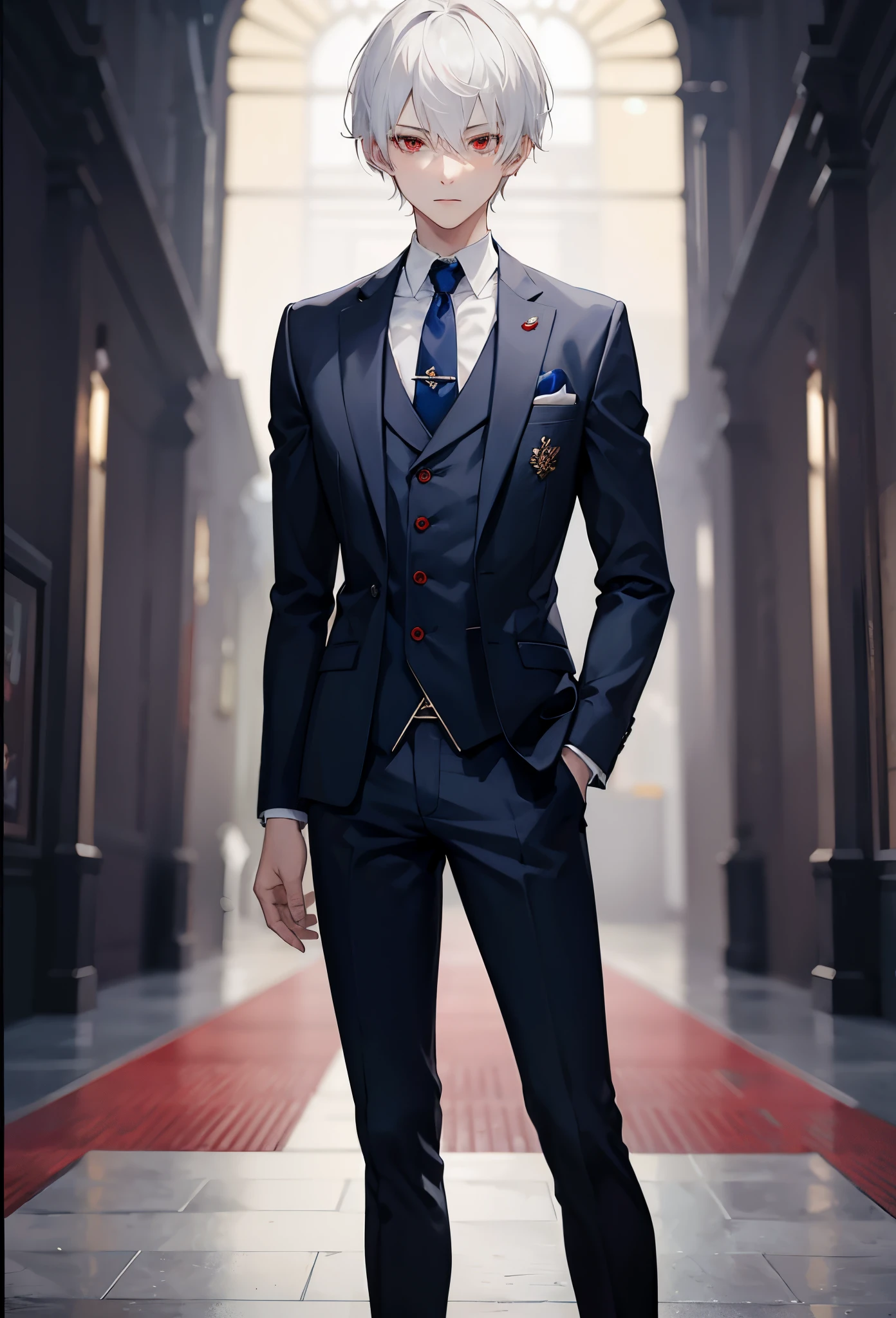 1 boy, red eyes, white hair, blue suit