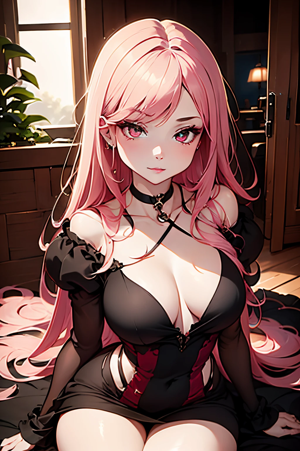 one girls:1.5、Cute 、14age、parfect anatomy、Red Eye Shadow、red lipsticks、slightly pink cheeks、de pele branca、Black Dress、Eight-headed body、small tits、Unique hairstyle、a choker、top-quality、ultra-detailliert、High quality detailing、portlate、masuter piece