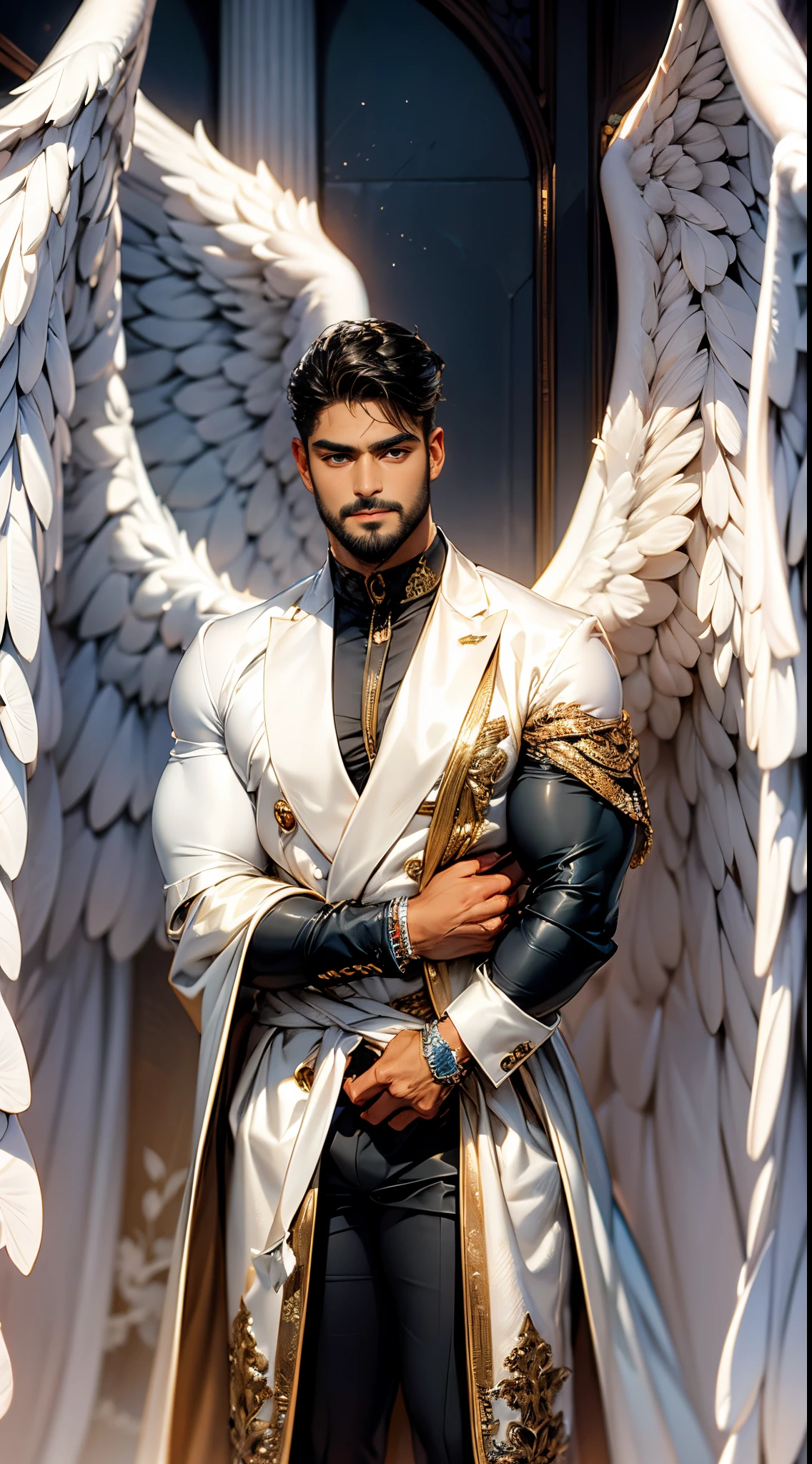 (best quality,ultra-detailed,realistic:1.37), Daegan Tronos Character(1), handsome, dark skin, dark-tanned, perfect wings angel, symmetrical wings,blue eyes,small beard, medium-long haircut,casual outfit, urban italian clothing, trench coat, man stance, attractive,vibrant colors, modern long outfit, fight punch pose, epic wallpaper.