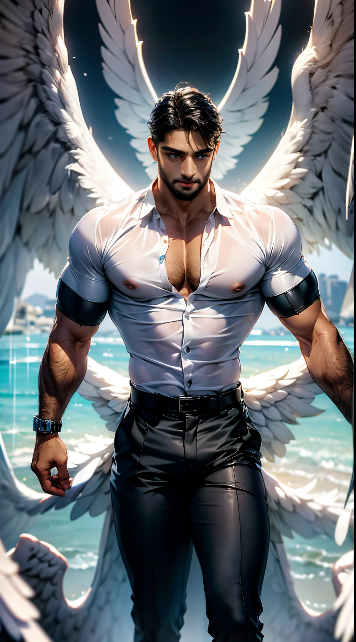 (best quality,ultra-detailed,realistic:1.37), Daegan Tronos Character(1), handsome, dark skin, dark-tanned, perfect wings angel, symmetrical wings,blue eyes,small beard, medium-long haircut,casual outfit, urban italian clothing, trench coat, man stance, attractive,vibrant colors, modern long outfit, fight punch pose, epic wallpaper.