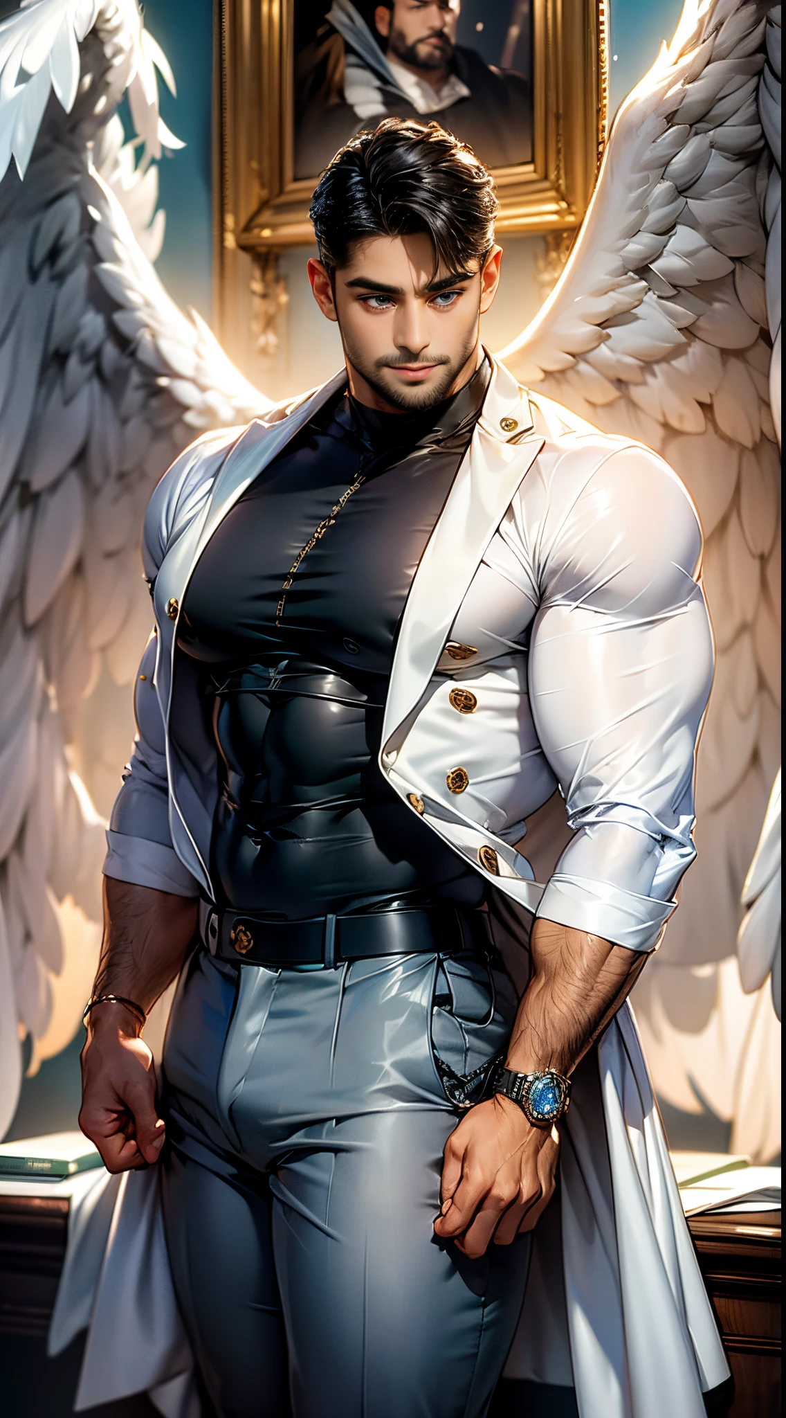 (best quality,ultra-detailed,realistic:1.37), Daegan Tronos Character(1), handsome, dark skin, dark-tanned, perfect wings angel, symmetrical wings,blue eyes,small beard, medium-long haircut,casual outfit, urban italian clothing, trench coat, man stance, attractive,vibrant colors, modern long outfit, fight punch pose, epic wallpaper.