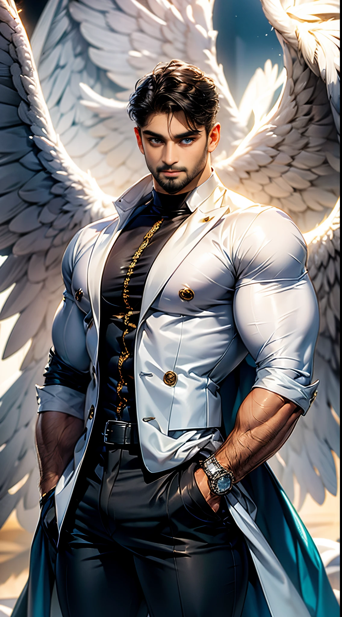 (best quality,ultra-detailed,realistic:1.37), Daegan Tronos Character(1), handsome, dark skin, dark-tanned, perfect wings angel, symmetrical wings,blue eyes,small beard, medium-long haircut,casual outfit, urban italian clothing, trench coat, man stance, attractive,vibrant colors, modern long outfit, fight punch pose, epic wallpaper.