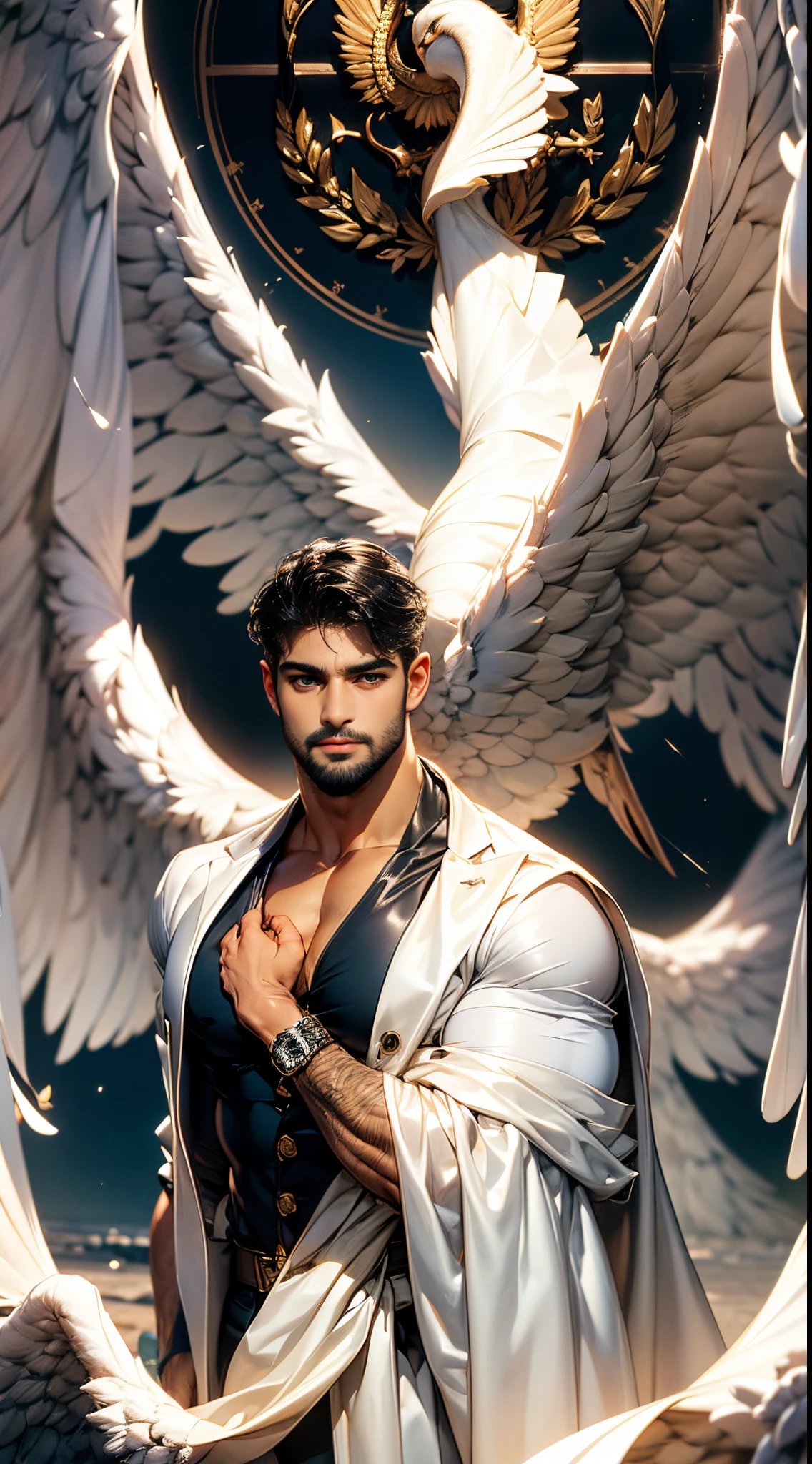 (best quality,ultra-detailed,realistic:1.37), Daegan Tronos Character(1), handsome, dark skin, dark-tanned, perfect wings angel, symmetrical wings,blue eyes,small beard, medium-long haircut,casual outfit, urban italian clothing, trench coat, man stance, attractive,vibrant colors, modern long outfit, fight punch pose, epic wallpaper.