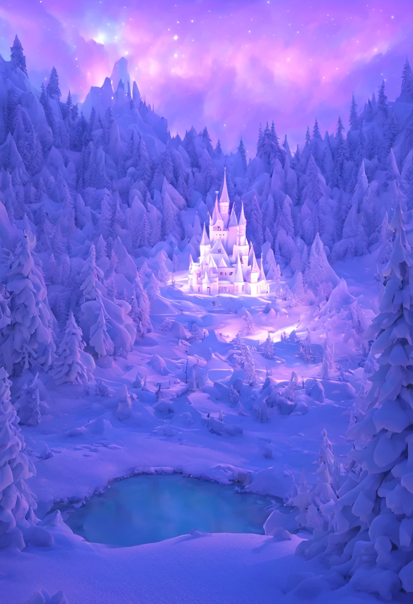 (best quality,4k,8k,highres,masterpiece:1.2),ultra-detailed,snowy landscape,winter wonderland,enchanted forest,magical snowy trees,dazzling white snow,icy mountains,frozen lake,sparkling snowflakes,ethereal atmosphere,serene tranquility,colorful aurora borealis,northern lights,pine trees covered in snow,majestic  castle,ethereal glow of moonlight,distant snowy peaks,crisp winter air,glistening frost on branches,peaceful silence,captivating beauty,sublime nature,soft snow crunching underfoot,fairy tale-like scenery,whimsical winter wonderland.