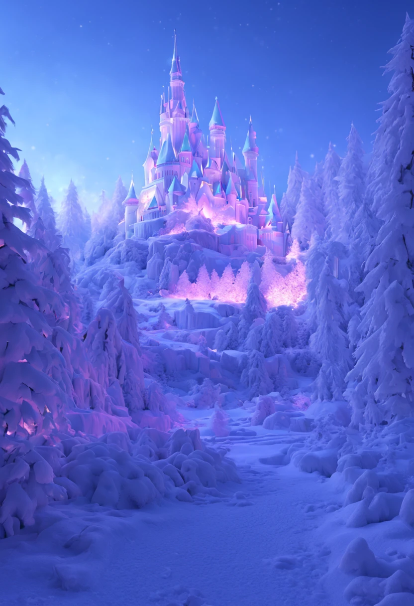 (best quality,4k,8k,highres,masterpiece:1.2),ultra-detailed,snowy landscape,winter wonderland,enchanted forest,magical snowy trees,dazzling white snow,icy mountains,frozen lake,sparkling snowflakes,ethereal atmosphere,serene tranquility,colorful aurora borealis,northern lights,pine trees covered in snow,majestic  castle,ethereal glow of moonlight,distant snowy peaks,crisp winter air,glistening frost on branches,peaceful silence,captivating beauty,sublime nature,soft snow crunching underfoot,fairy tale-like scenery,whimsical winter wonderland.