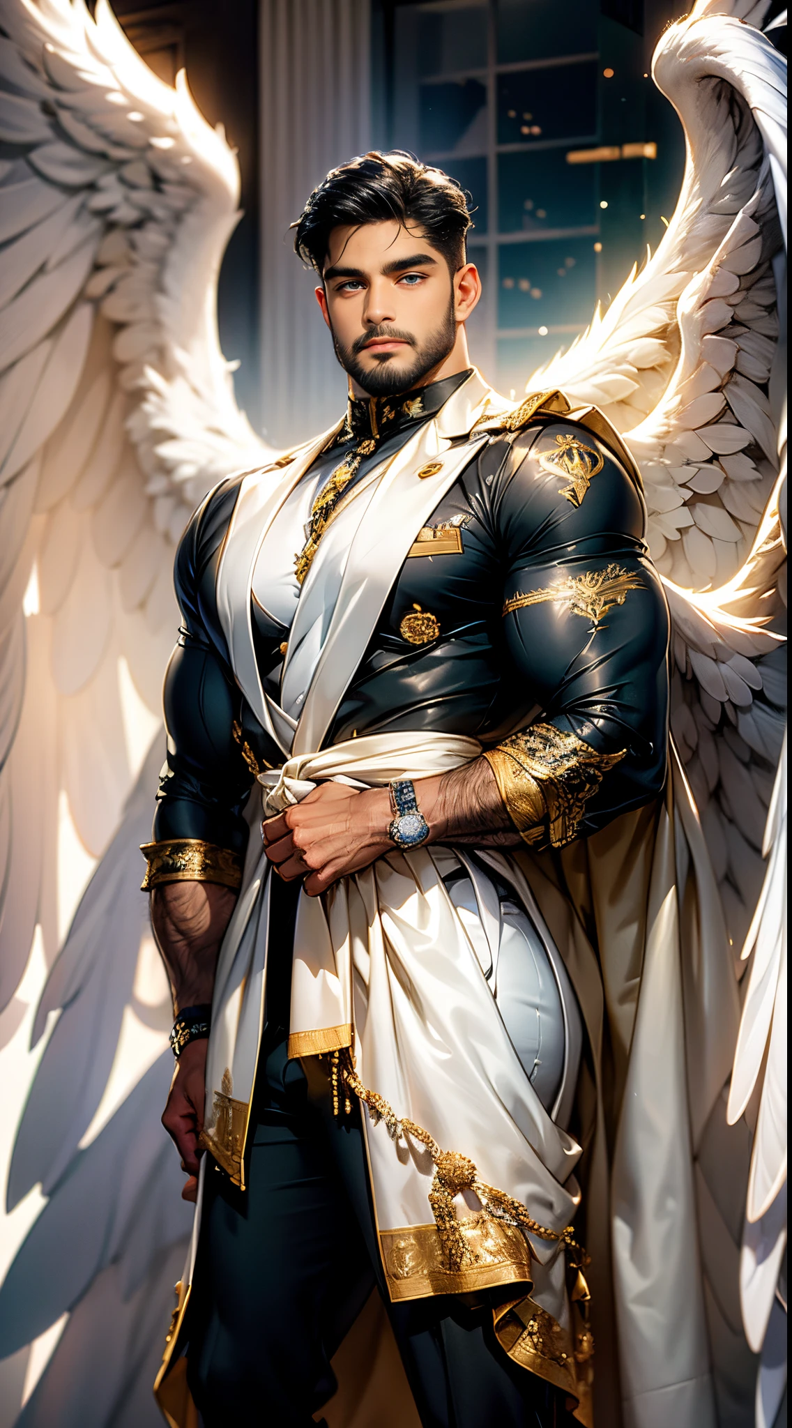 (best quality,ultra-detailed,realistic:1.37), Daegan Tronos Character(1), handsome, dark skin, dark-tanned, perfect wings angel, symmetrical wings,blue eyes,small beard, medium-long haircut,casual outfit, urban italian clothing, trench coat, man stance, attractive,vibrant colors, modern long outfit, fight punch pose, epic wallpaper.