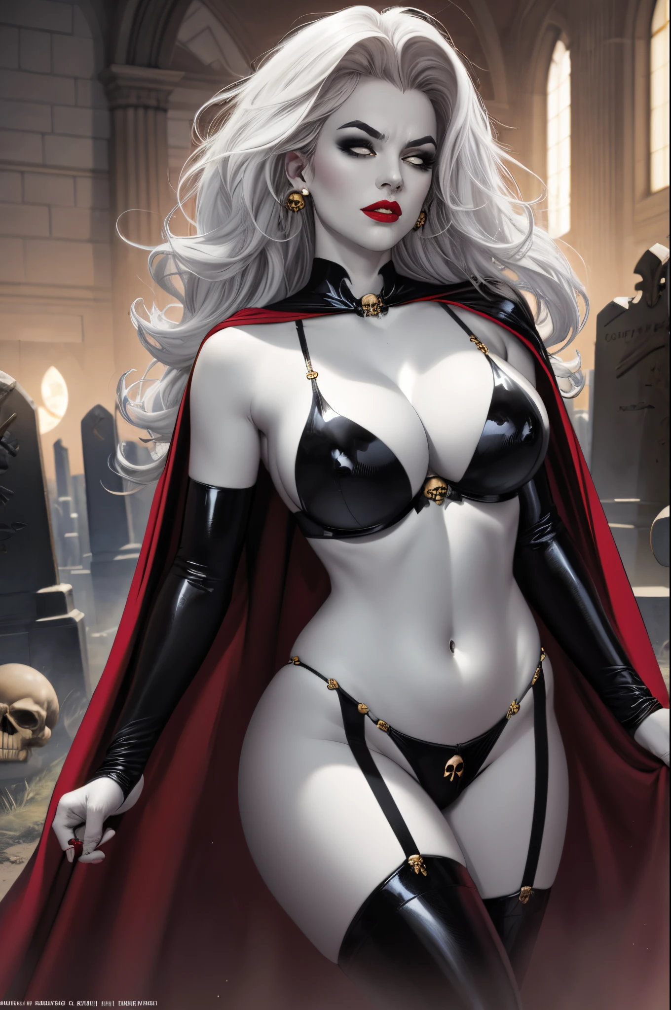 foreshortening,  CARTOON_lady_death_bikini_ownwaifu,.ownwaifu.com, angry, 
mascara, blank_eyes,long hair,breasts,white hair,makeup,colored skin,navel,lipstick,large breasts,wavy hair,white skin,lips,curly hair,red lips,very long hair,toned, narrow_waist, curvy,pale skin, thick_eyelashes, thick eyebrows, big hair, 
thighhighs,cape,cleavage,jewelry,earrings,garter straps,garter belt,gloves,piercing,red cape,blood,elbow gloves,armor,black legwear,collar,thong,black bikini,skull earrings, highleg, 
 official art,extremely detailed CG unity 8k wallpaper, perfect lighting,Colorful, Bright_Front_face_Lighting,shiny skin, (masterpiece:1.0),(best_quality:1.0), ultra high res,4K,ultra-detailed, photography, 8K, HDR, highres, (absurdres:1.2), Kodak portra 400, film grain, blurry background, (bokeh:1.2), lens flare, (vibrant_color:1.2),professional photograph, (beautiful_face:1.5) graveyard at night, cemetary, full moon, sexy