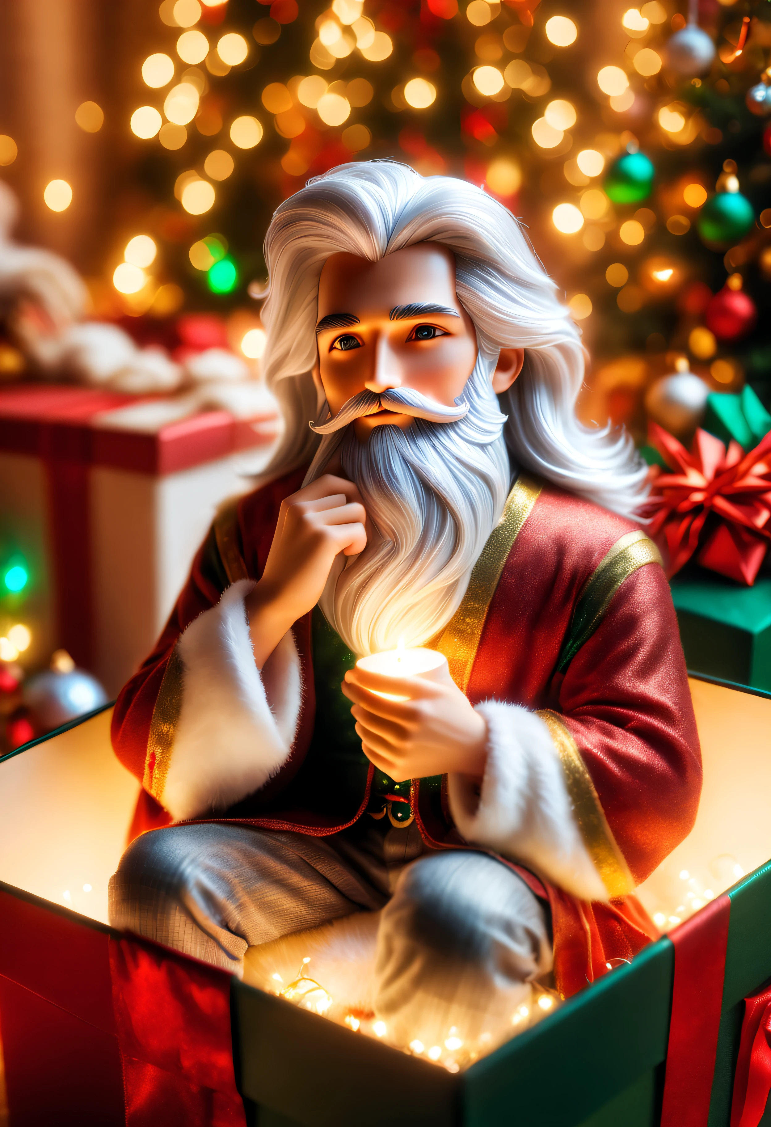 (8k masterpiece, best quality:1.2)Apoloniasxmasbox, solo, fantasy male, blurry, male focus, long sleeves, white hair, sitting, facial hair, beard, mustache, old man, delicate low light, christmas atmosphere, warm, cuddly, festive