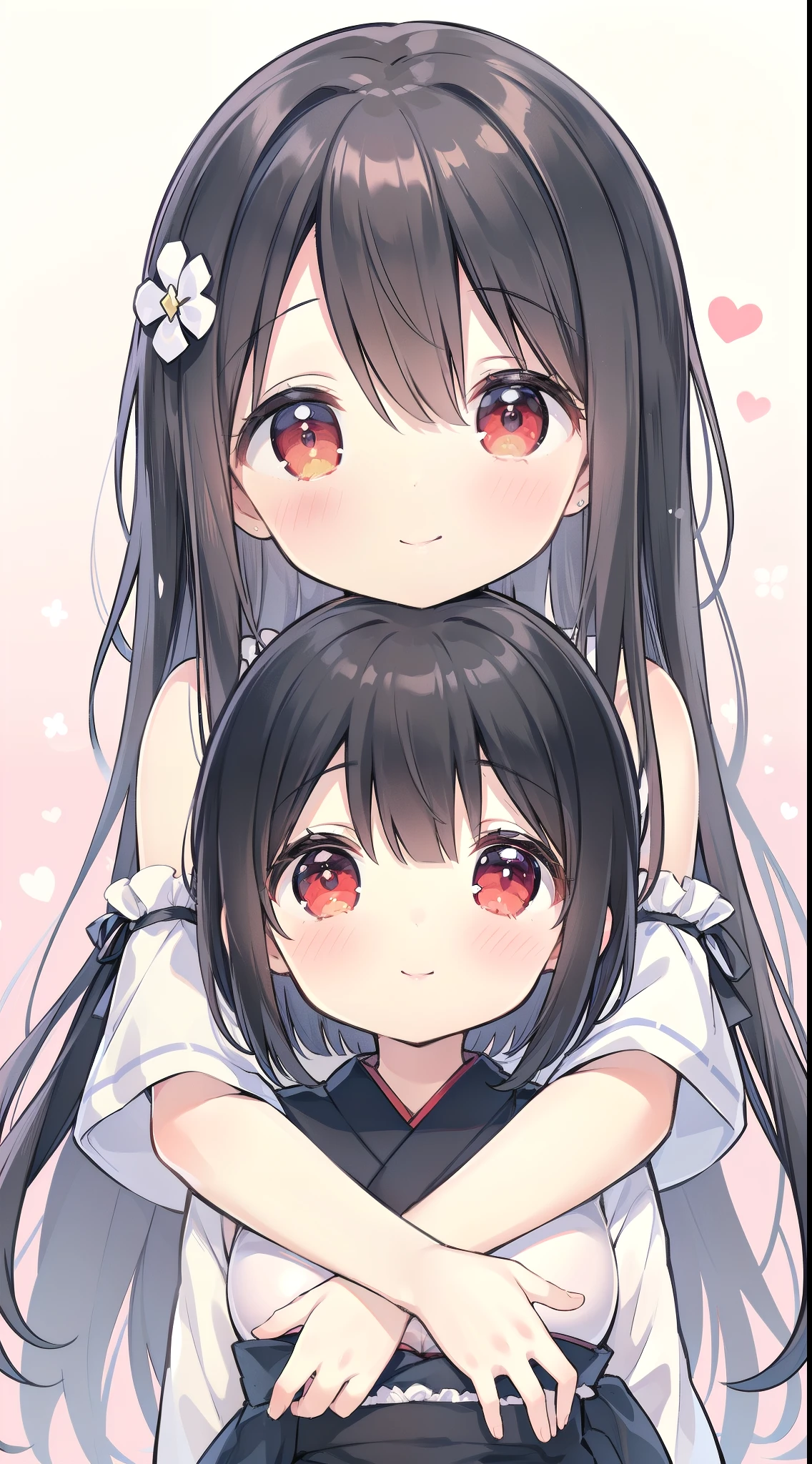 Selfie perspecrive, (ecchi girl wearing furisode slightly showing shoulder asking for hug, showing great affection to viewer:1.5), (gentle housewife, tiny loli petite and short figure, perfect woman, medium cleavage, mature aura:1.4), (masterpiece, best quality, HD Pictures:1.1), very long hair, bangs, gentle look, gentle smile, gentle eyes, mature looking, pinkish cheeks, very detailed eyes, very detailed pupils, very detailed ridiculously long black hair, detailed face, detailed ruby red eyes, look up to viewer asking for hug, detailed long black hair, (happy gentle face, warm smile, kiss, blushing red cheeks:1.3)