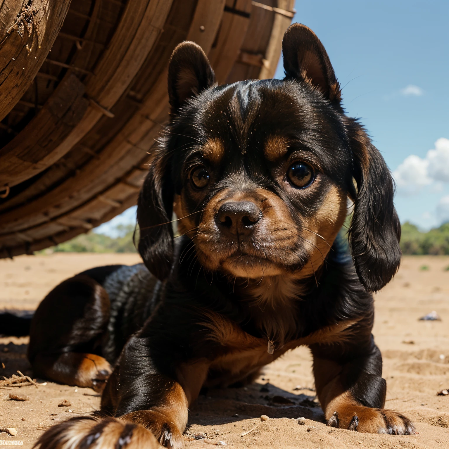 Um cachorro Pincher,estilo Pixar,com orelhas levantadas,tamanho mini,cor preto com marrom,em um acampo aberto,blue skies
