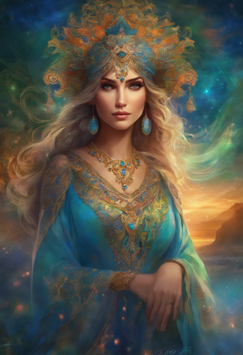 Portrait of a gypsy's face in high definition, Rosto redondo, grandes olhos verdes brilhantes, boca vermelha cheia, usando grandes brincos de safira azul em cascata, vestido azul cobalto com decote e bordado prateado, cabelos pretos longos, woman with sexy and seductive eyes looking at the camera.