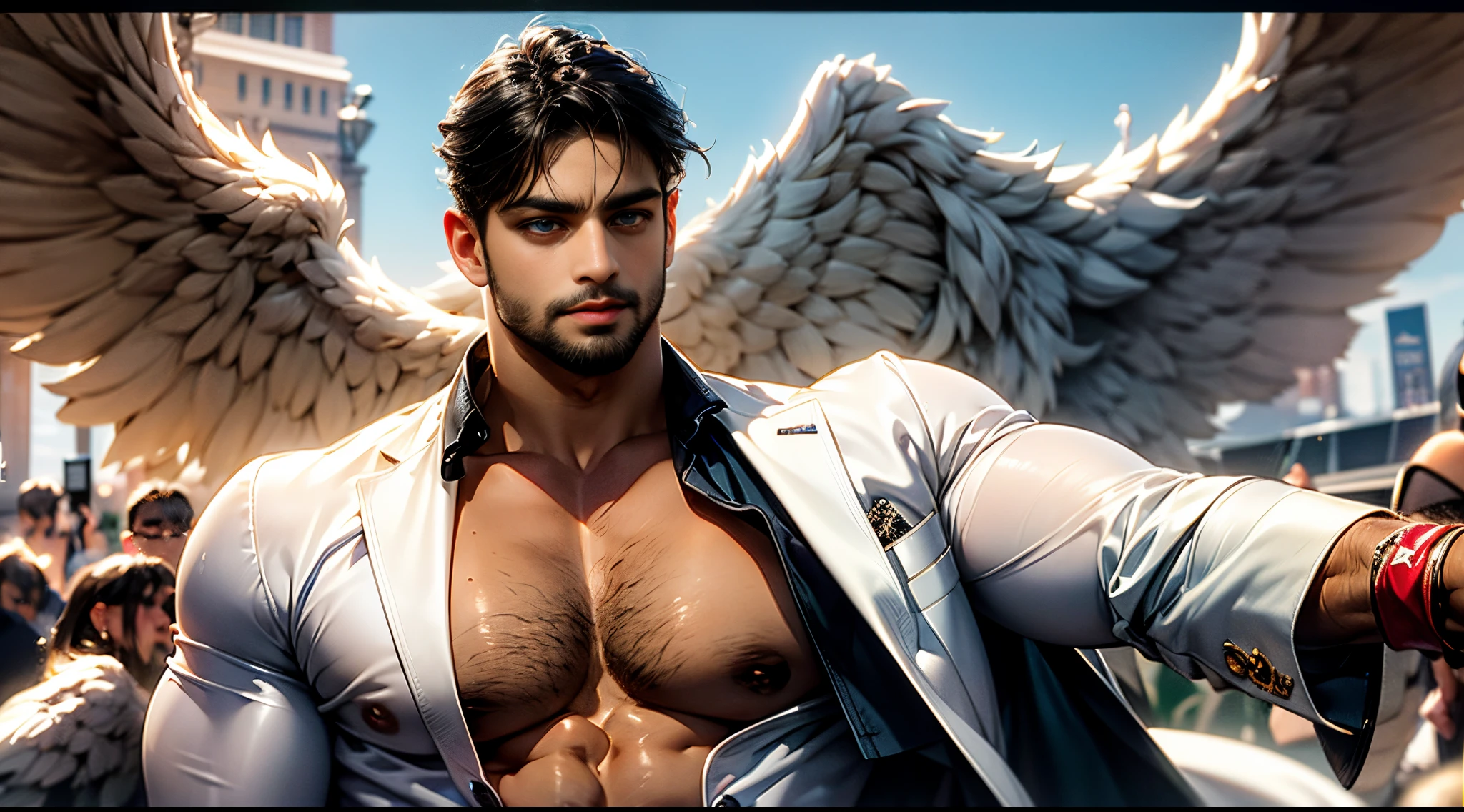 (best quality,ultra-detailed,realistic:1.37), Daegan Tronos Character(1), handsome, dark skin, dark-tanned, perfect wings angel, symmetrical wings,blue eyes,small beard, medium-long haircut,casual outfit, urban italian clothing, trench coat, man stance, attractive,vibrant colors, modern long outfit, fight punch pose, epic wallpaper.
