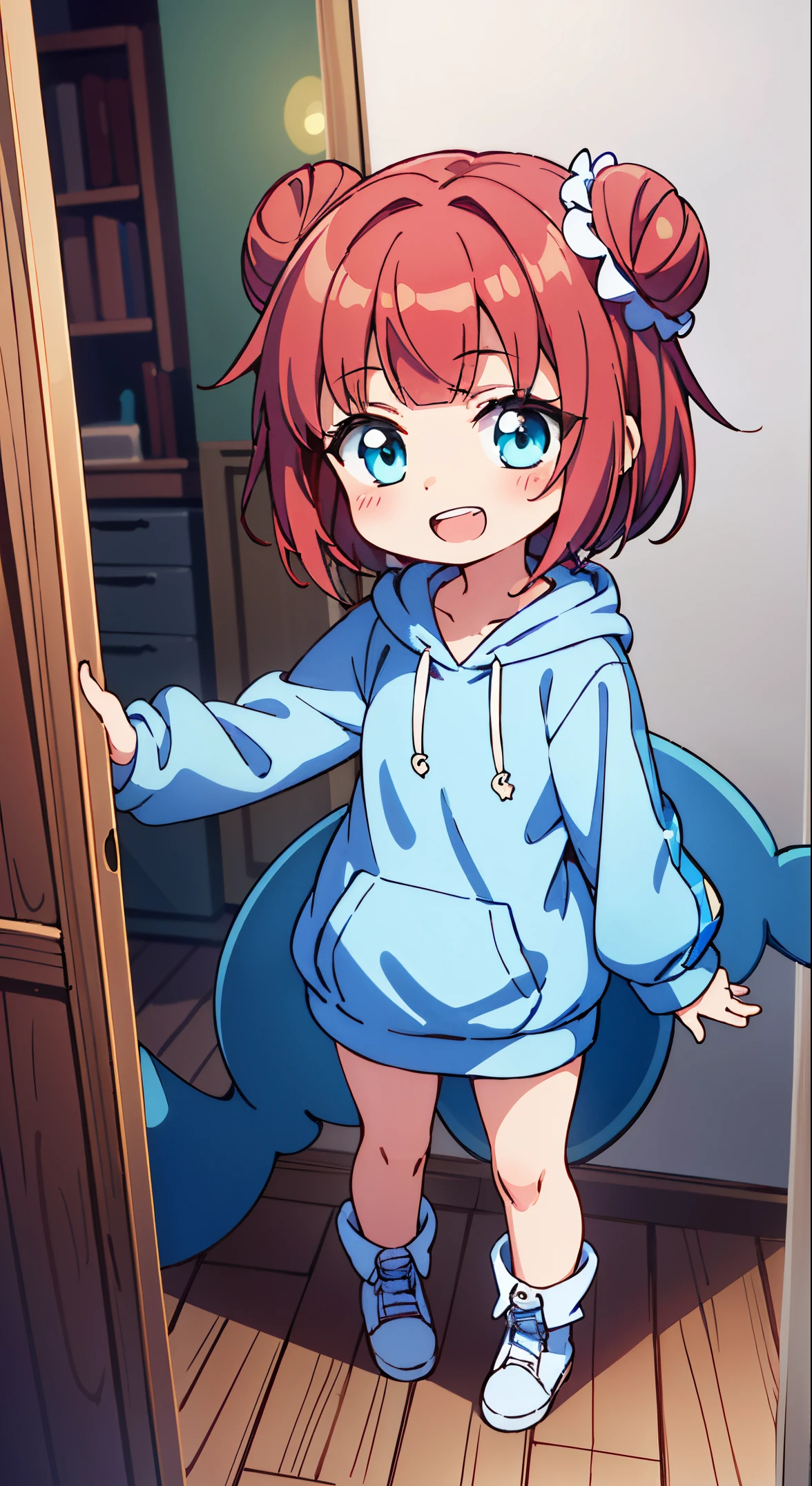 (masutepiece, Best Quality, Perfect Anatomy, High quality:1.4), Cute girl illustration, (Anime style), (Flat:1.5), nice hand, Perfect hands, Detailed beautiful hands, Large_filesize, fulcolor, hight resolution, symmetric, exceptional, Best aesthetic, newest, very beautiful detailed body,The hair,faces,The eye,(Chibi,Full body:1.6),BREAK,
1 beautiful girl, (Cute:1.5), (Chibi: 0.8), (kawaii: 1.5), (Lori: 0.5), ( girl), BREAK(Red hair, short-hair,2 hair buns,Blunt bangs:1.4),(:D,grin:1.3),{Heterochromia,pale blue eyes,pale green eyes, Eye Highlights,The first hyperfine stars:1.5},Star eyes silhouette thick eyelashes, Double eyelids:1.2),(de pele branca),BREAK,Clear skin,Beautiful skin, ,(best quality face),(Top quality glowing eyes),(The best smile,:D:1.45) , BREAK, Star \(symbol\, (shark clothes),White hair, bangss, Full body, looking viewer, (pastel blue shark hoodie:1.5), shark teeth,Looking at Viewer,(long boots:1.2),Shiny skin,Clear skin, Beautiful skin,(best quality face),(Top quality glowing eyes), (The best smile,Doya face:1.45),
BREAK ,(plein air),
( Landscape background :1.3) ,
(A very beautiful woman seen from the entrance :1.3) ,
(the woman arrived home :1.3) ,
(opened the entrance door :1.4),
(SWAT standing:1.3),
(the i'full of shyness :1.4),
(timid :1.2) ,
(upward looking gaze :1.2) ,
Looking Up ,
From above ,depth of fields,
BREAK,wakame,wakame,wakame,(Cowboy Shot:1.4),
BREAK,(Blurry background:1.3),(absurderes, hight resolution, Super Detail Art),cel shading,Clear Color, Lonely optical effect, Beautiful pictures, Bright glow, mystic atmosphere,(Close-up of girl:1.1), Mystical light particle effect,manga influence, clean line drawings,