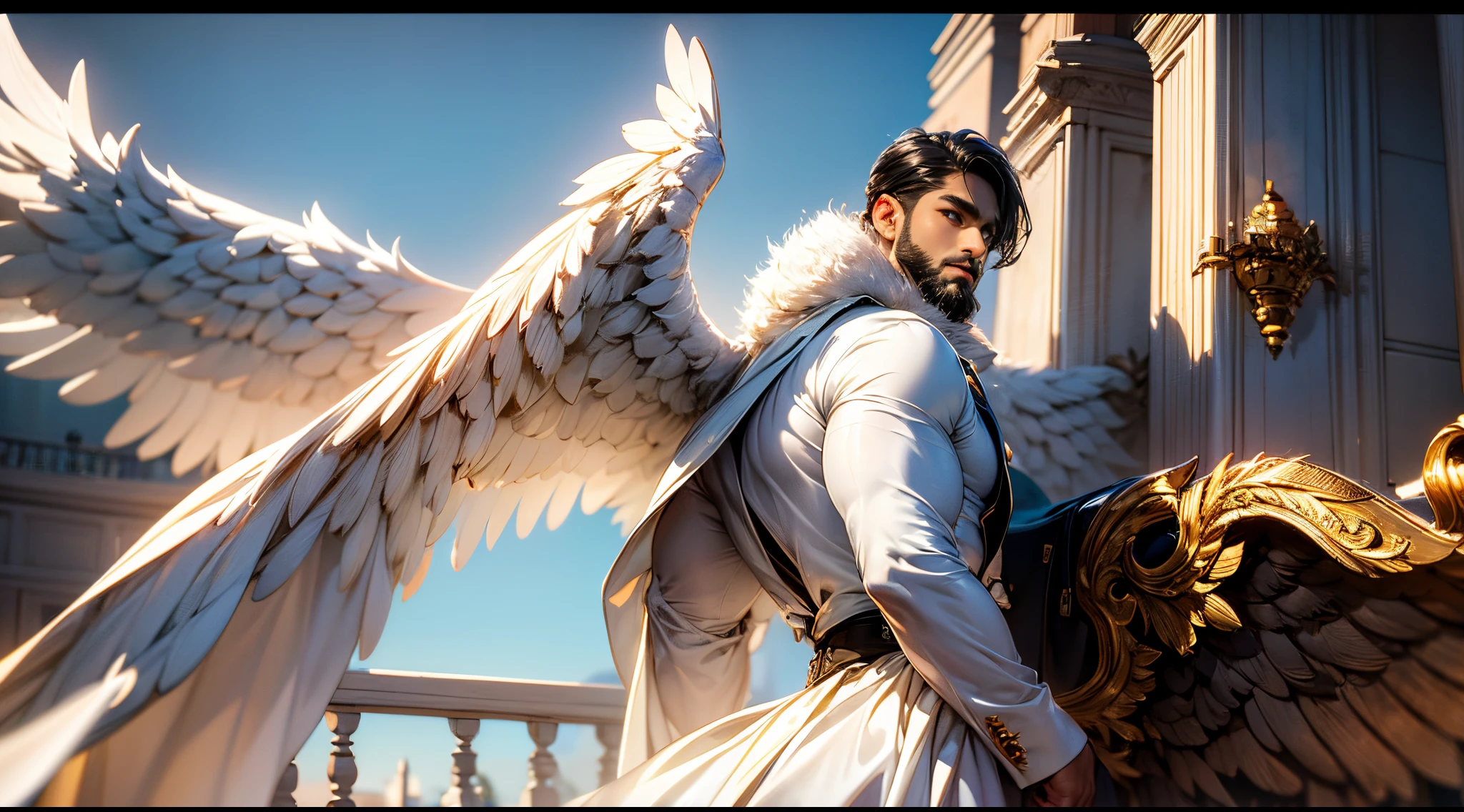 (best quality,ultra-detailed,realistic:1.37), Daegan Tronos Character(1), handsome, dark skin, dark-tanned, perfect wings angel, symmetrical wings,blue eyes,small beard, medium-long haircut,casual outfit, urban italian clothing, trench coat, man stance, attractive,vibrant colors, modern long outfit, fight punch pose, epic wallpaper.