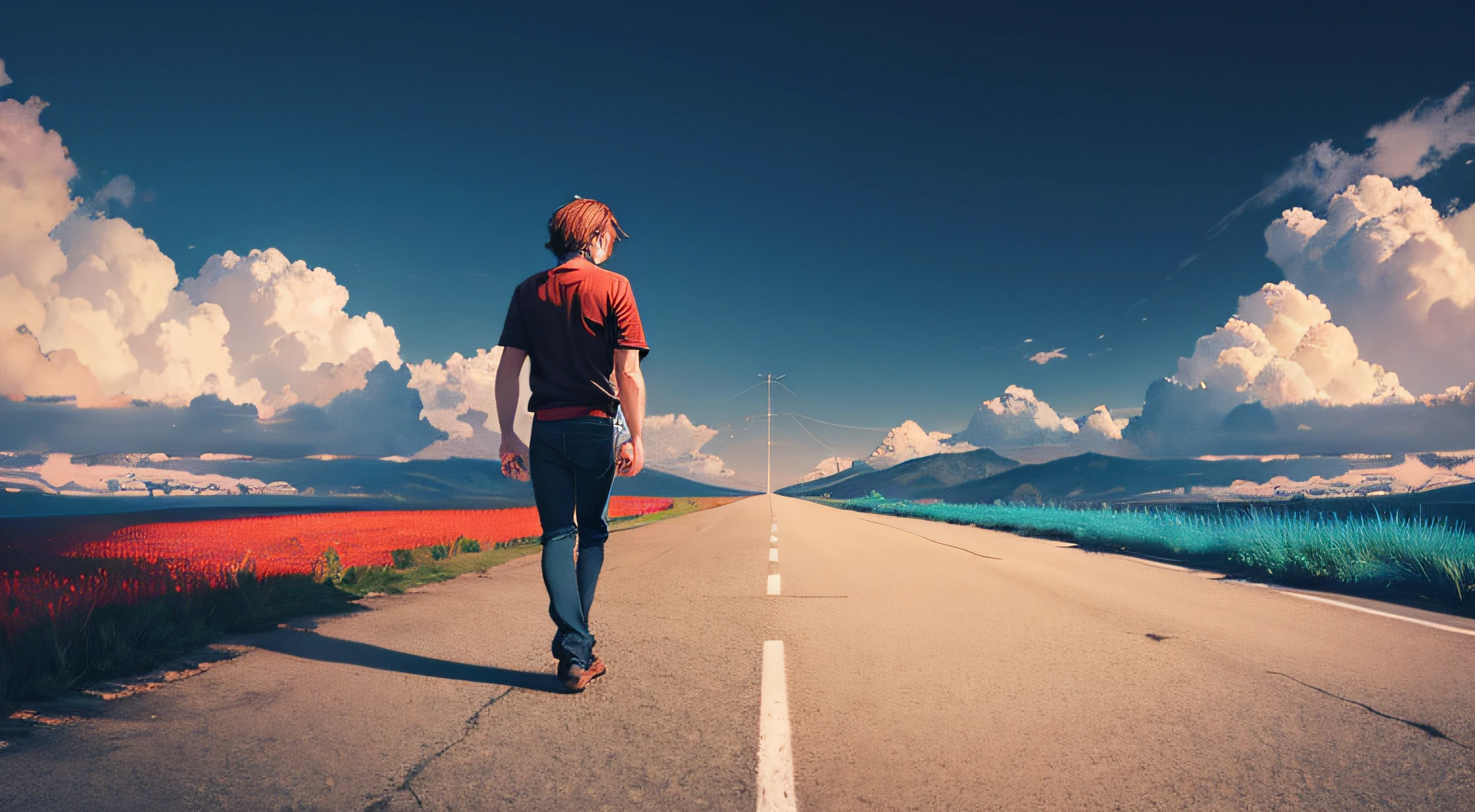 a person walking along a winding road that stretches to a stunning horizon. The surroundings should convey a sense of beauty, tranquility, and prosperity, featuring natural elements such as lush trees, a clear sky, and a gentle sunset. Avoid adding unnecessary visual distractions, but subtly and symbolically allude to the negative influences of social media and bad habits, representing them in an abstract or subtle manner that suggests contrast or overcoming.