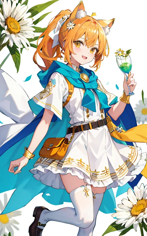 (tmasterpiece:1.4,Best quality))++,(hyper-detailing)+,(Best quality,hyper-detailing,vibrant with colors,rich colourful,dynamic angle,hight contrast:1.2),A age girl,Height 146cm,archetype:catss,short,With golden cat ears and cat tail,High double ponytail ,Hair color:golden colored, eyecolor:golden colored ,Small white daisies((symbol)),Small dress+shawl+Small leather shoes,Short white stockings,short sleeve skirt,The shawl should be longer than the skirt(like a cloak),The overall color is:white colors,mint green,orange colors,gold and orange ,A fanny pack hanging from the belt around the waist,The main accessories are:Pale or white daisies and golden bellells and ribbon bows must be tied to the ponytail,Golden bells(Accessories)The weapon is a staff, To draw a playful and cute character,freshen,delicated face,exquisite facial featurerom below:0.5), Fashionab, with dynamism, garments, posing on a, frontage, rich colourful, dyna, Background with, element in, self-assured, Expressing the, statement, fittings, A majestic, coil, Runt, Scenes, Cover of a, boldness, attention-grabbing, Fashionab, typeface, Catchy, attention-grabbinodern day, Fashionab, focal, Fashionab