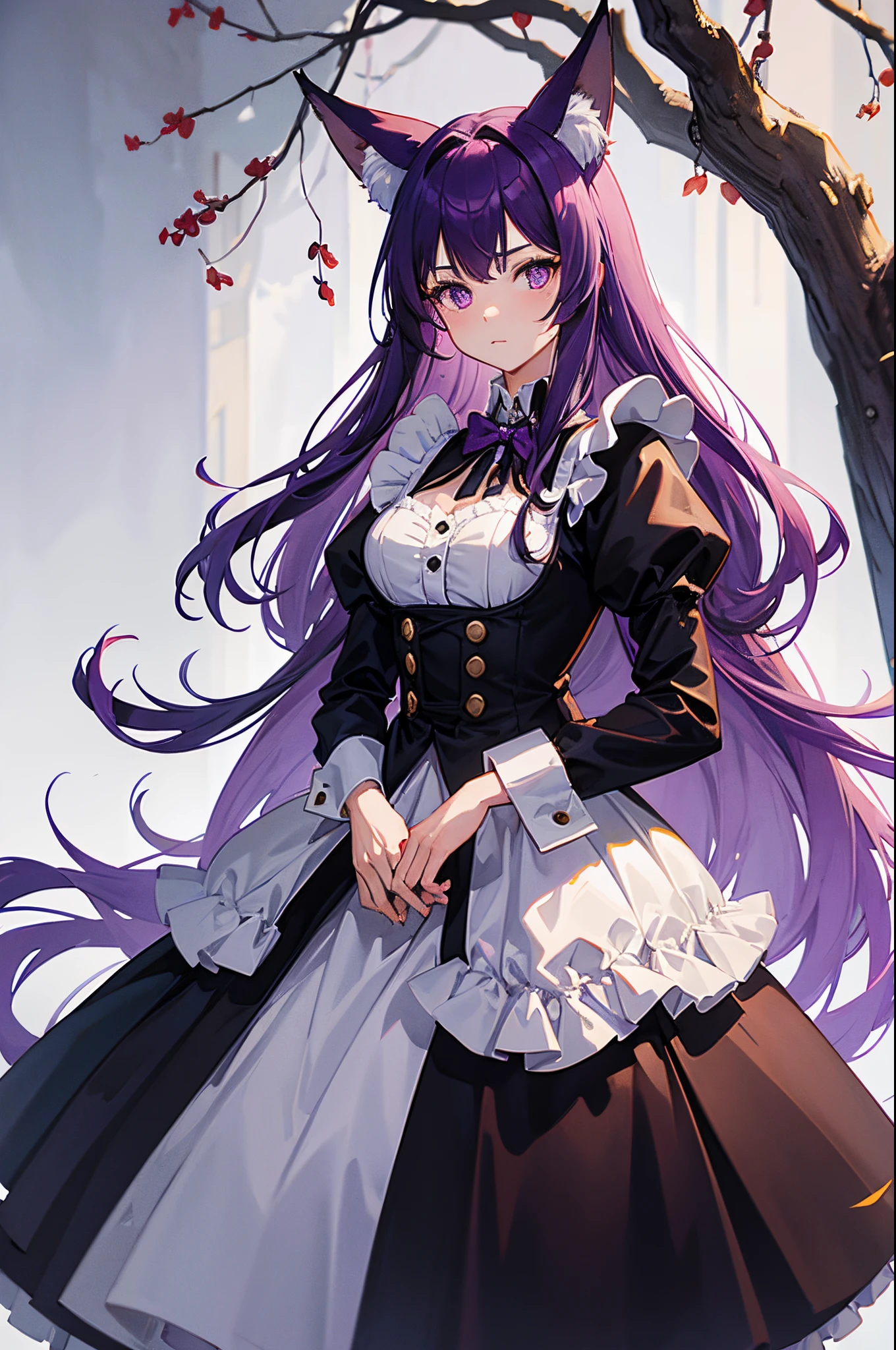 1 girl, long purple hair, fox tail, fox ears, maid's dress, standing on ground, high res, ultra sharp, 8K, masterpiece