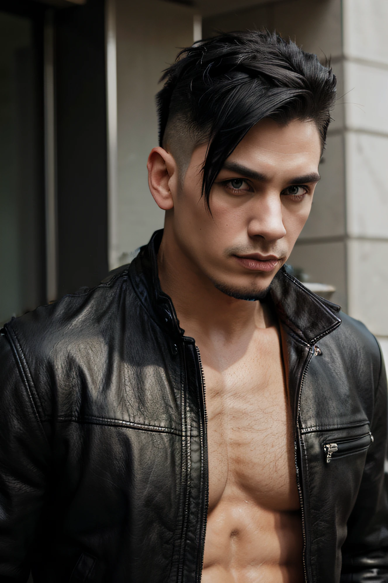 soft large pecs, defined abs, leather black jacket